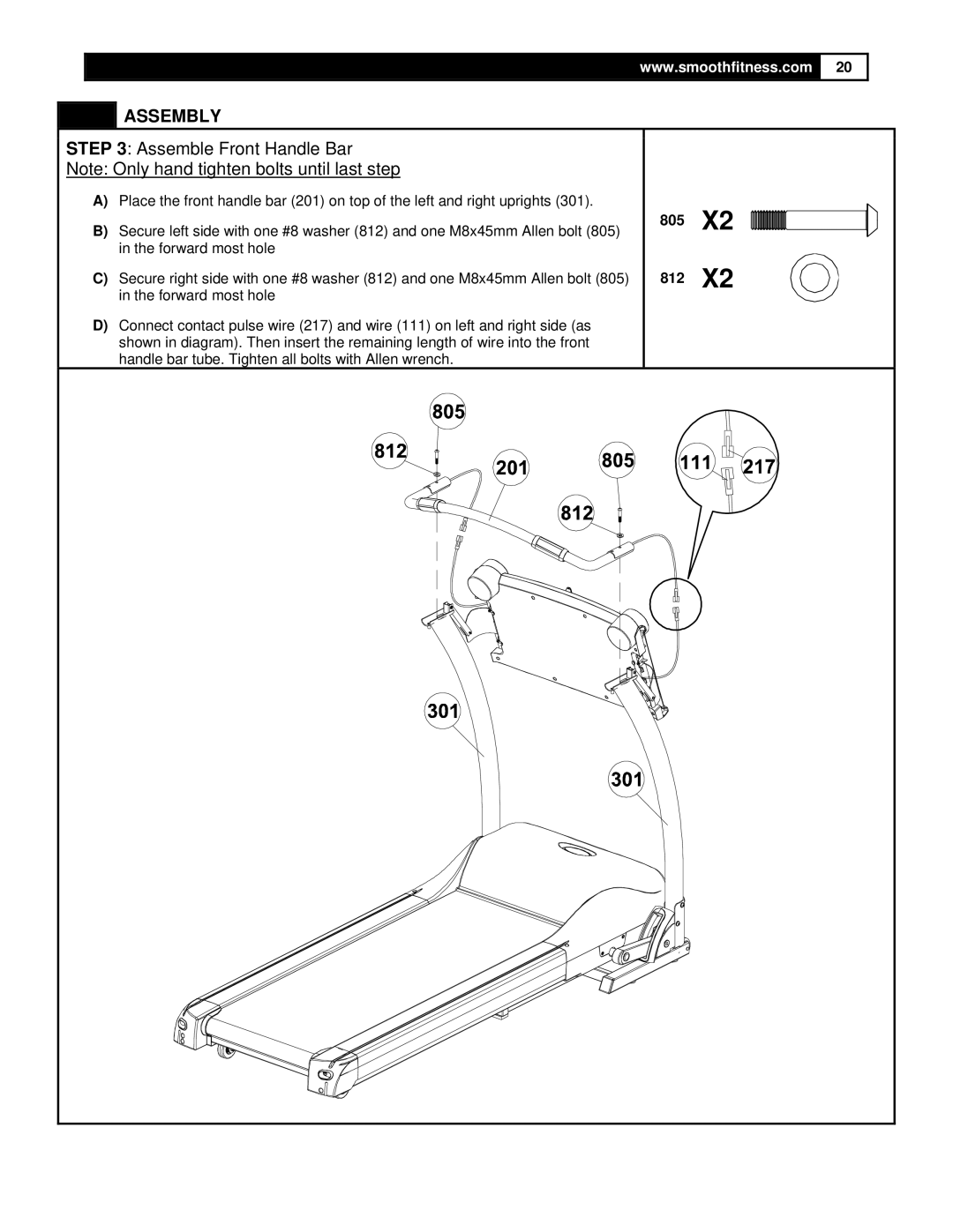 Smooth Fitness 5.25 Motorized Treadmill owner manual Assemble Front Handle Bar 