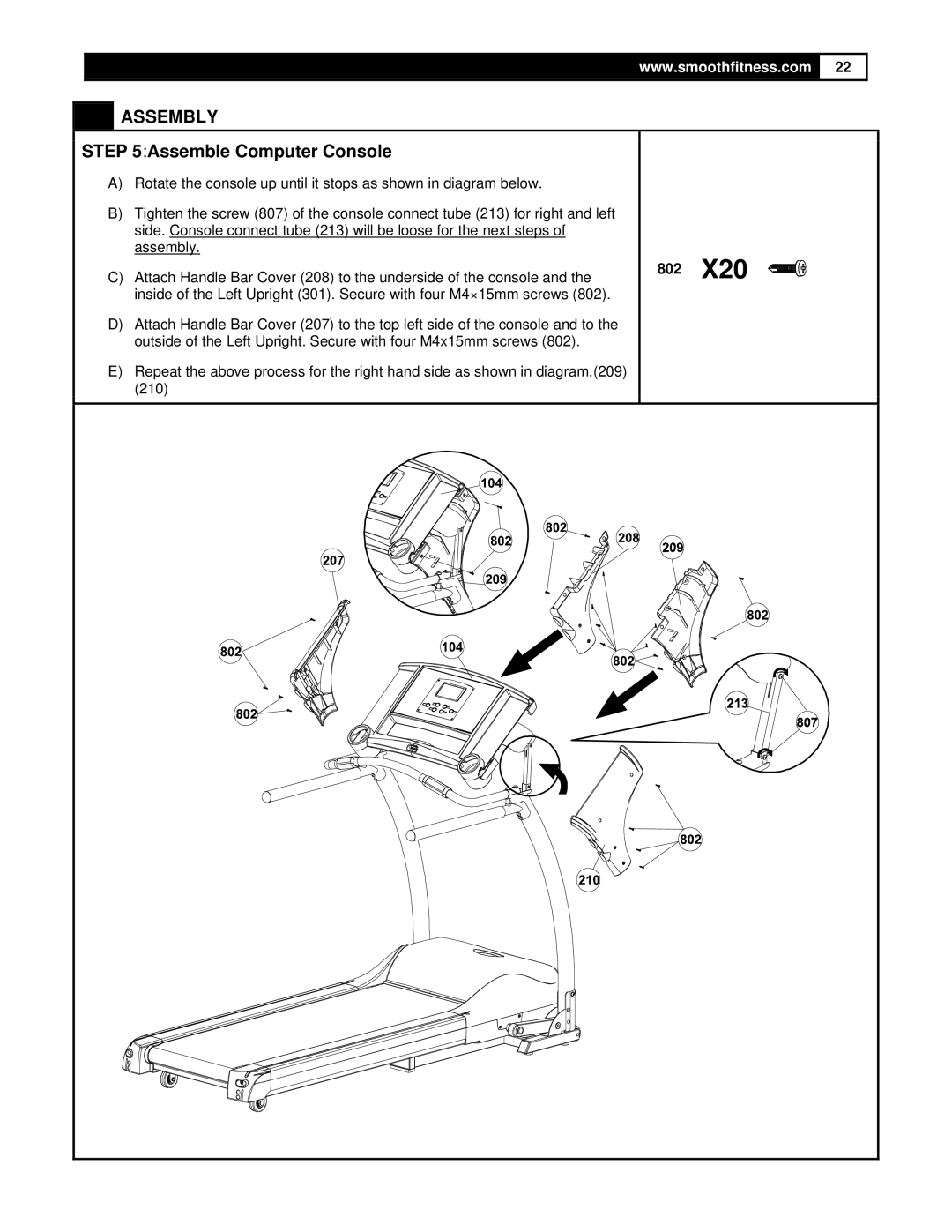 Smooth Fitness 5.25 Motorized Treadmill owner manual Assemble Computer Console 