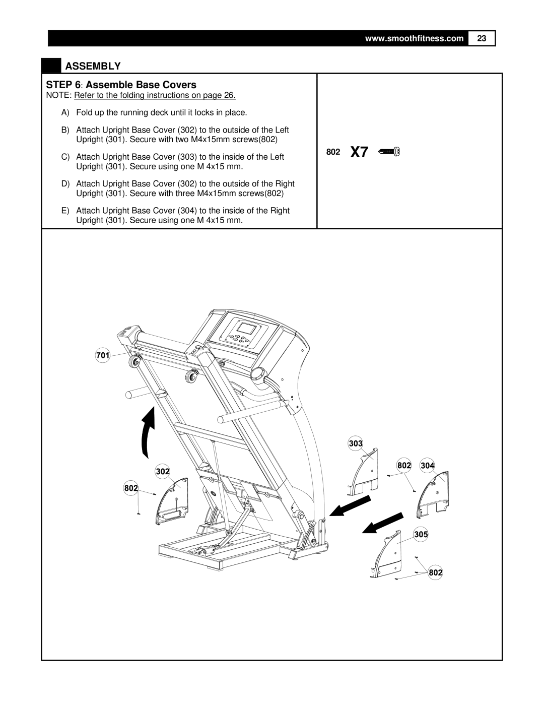 Smooth Fitness 5.25 Motorized Treadmill owner manual Assemble Base Covers, Fold up the running deck until it locks in place 