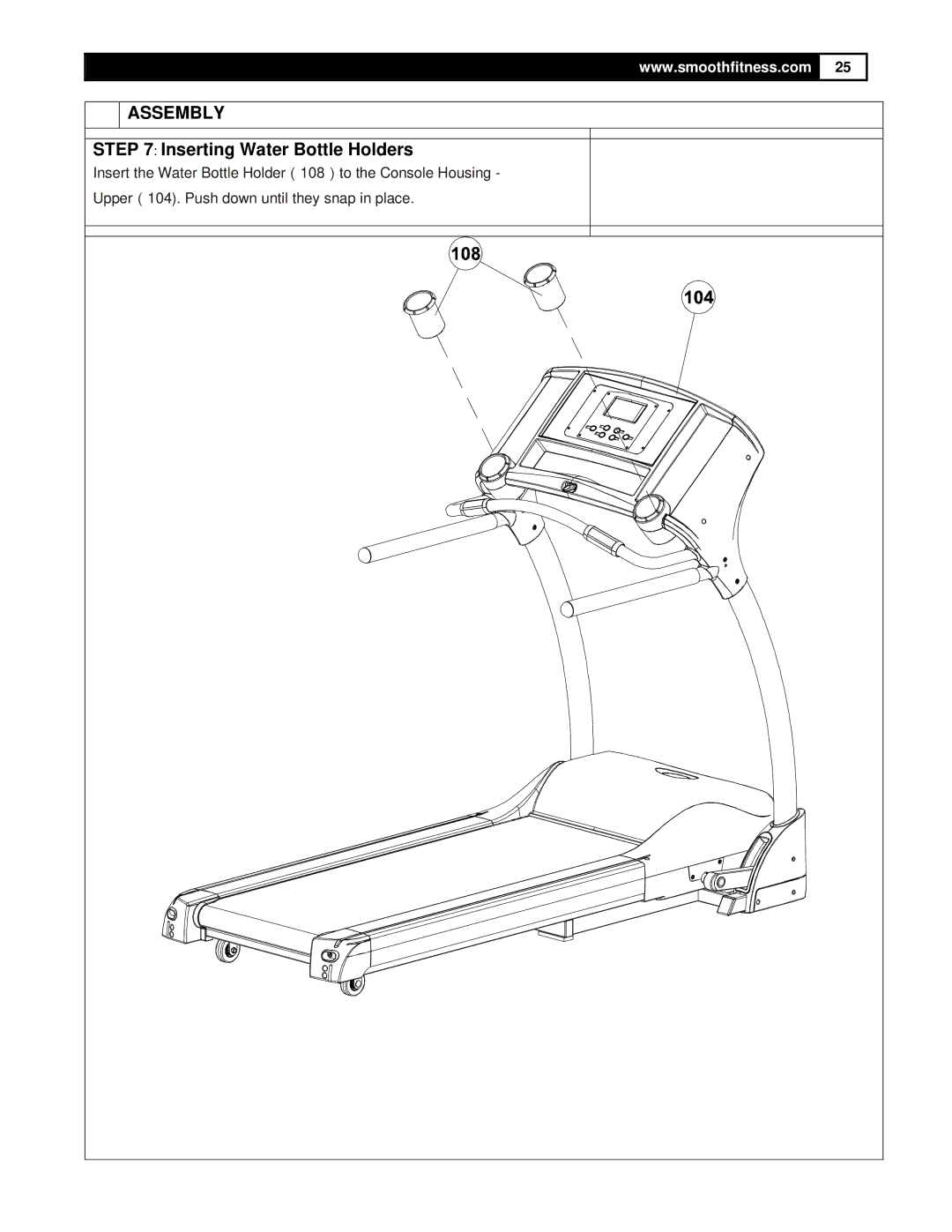 Smooth Fitness 5.25 Motorized Treadmill owner manual Inserting Water Bottle Holders 