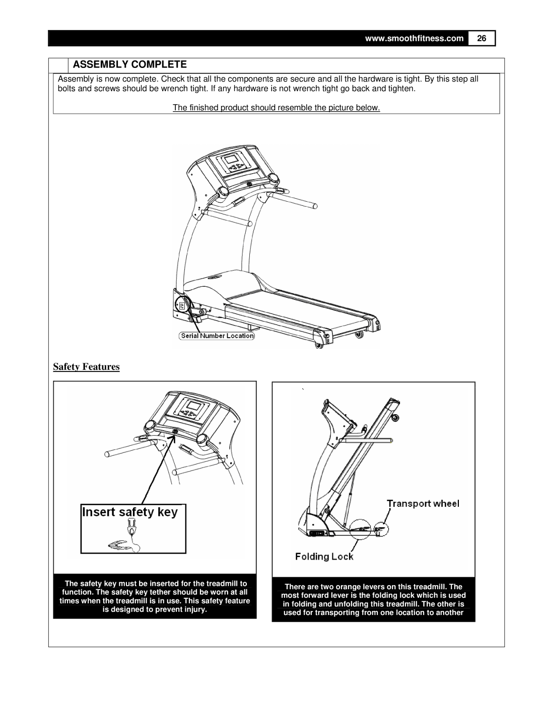 Smooth Fitness 5.25 Motorized Treadmill owner manual Assembly Complete, Safety Features 