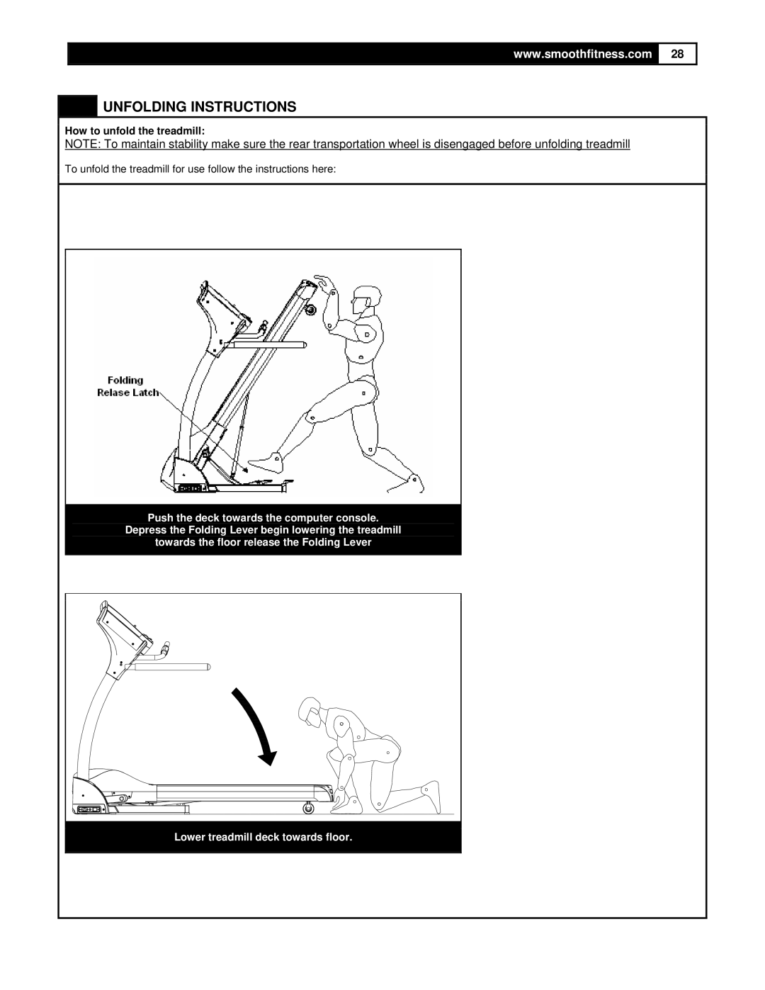 Smooth Fitness 5.25 Motorized Treadmill owner manual Unfolding Instructions, How to unfold the treadmill 