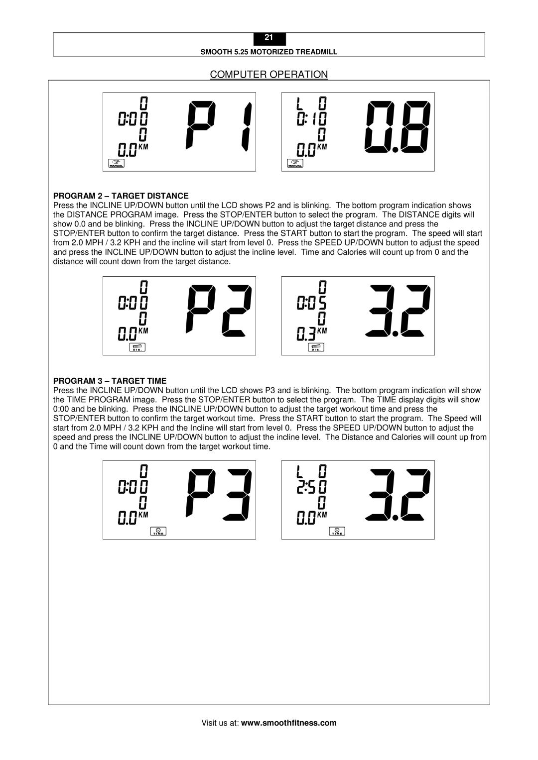 Smooth Fitness 5.25 user manual Program 2 Target Distance, Program 3 Target Time 