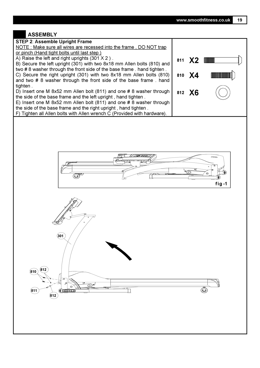 Smooth Fitness 5.25E user manual Assemble Upright Frame 