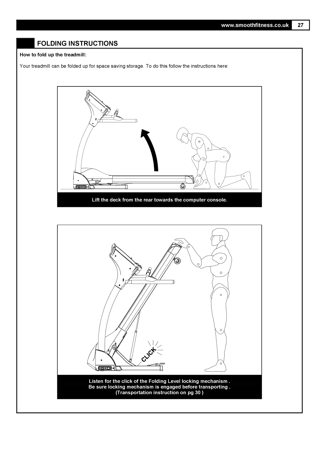 Smooth Fitness 5.25E user manual Folding Instructions, How to fold up the treadmill 