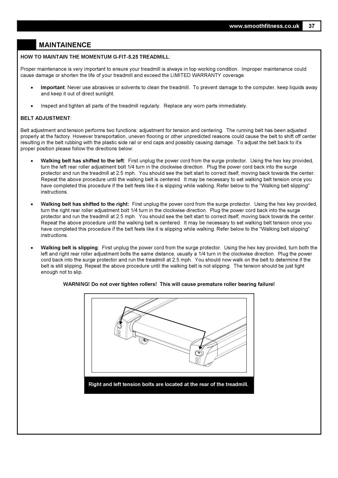 Smooth Fitness 5.25E user manual Maintainence, HOW to Maintain the Momentum G-FIT-5.25 Treadmill, Belt Adjustment 