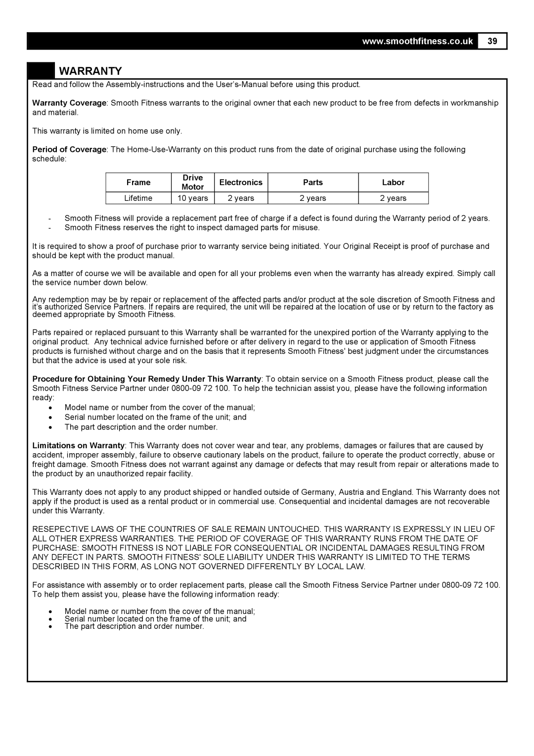 Smooth Fitness 5.25E user manual Warranty, Frame Drive Electronics Parts Motor, Years Labor 