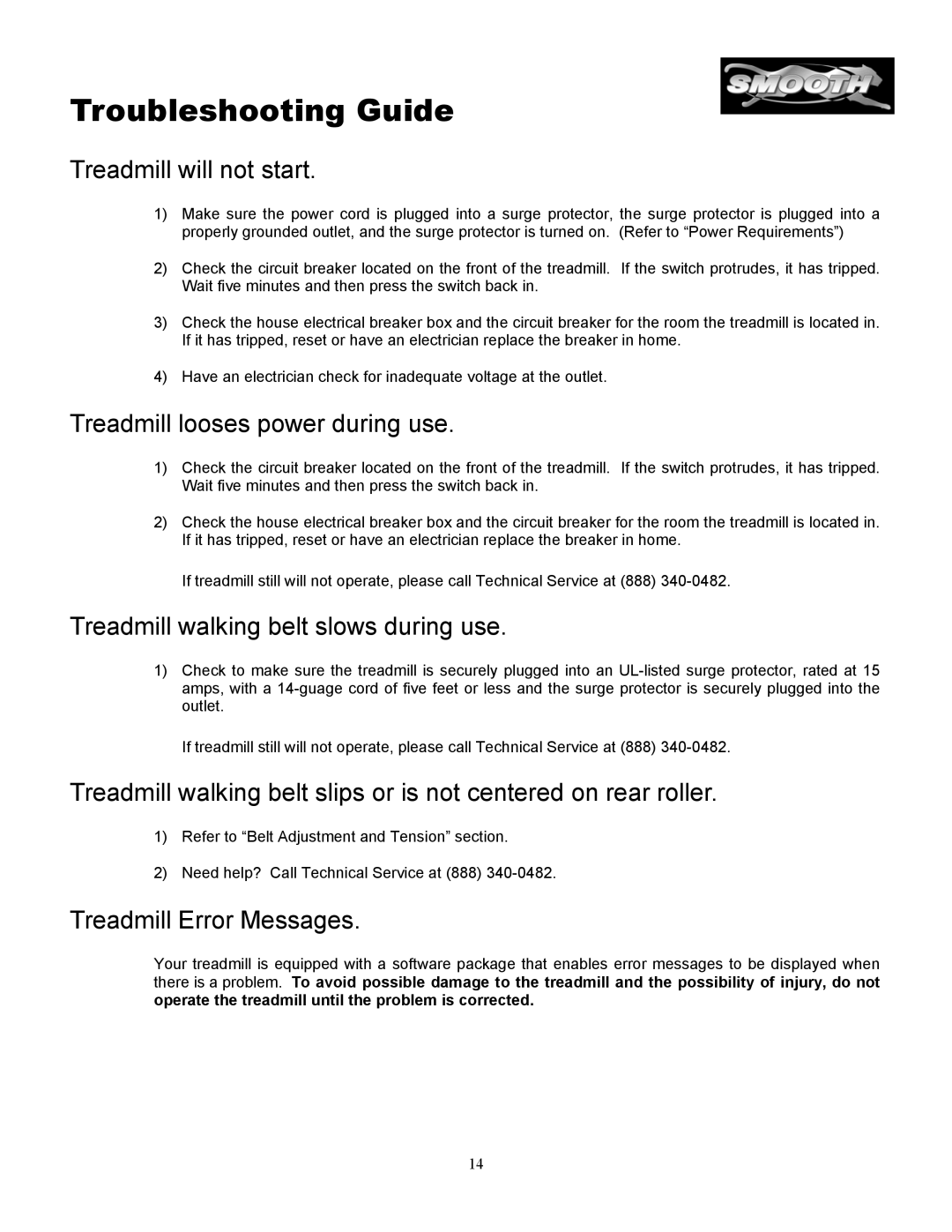 Smooth Fitness 5.3P manual Troubleshooting Guide, Treadmill will not start 