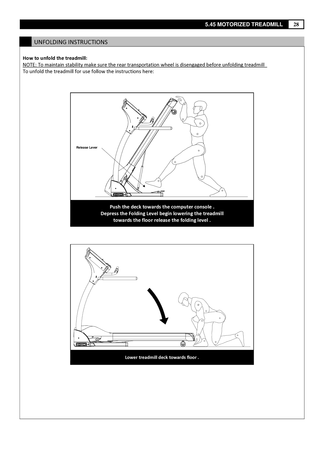 Smooth Fitness 5.45 manual Unfolding Instructions, How to unfold the treadmill 