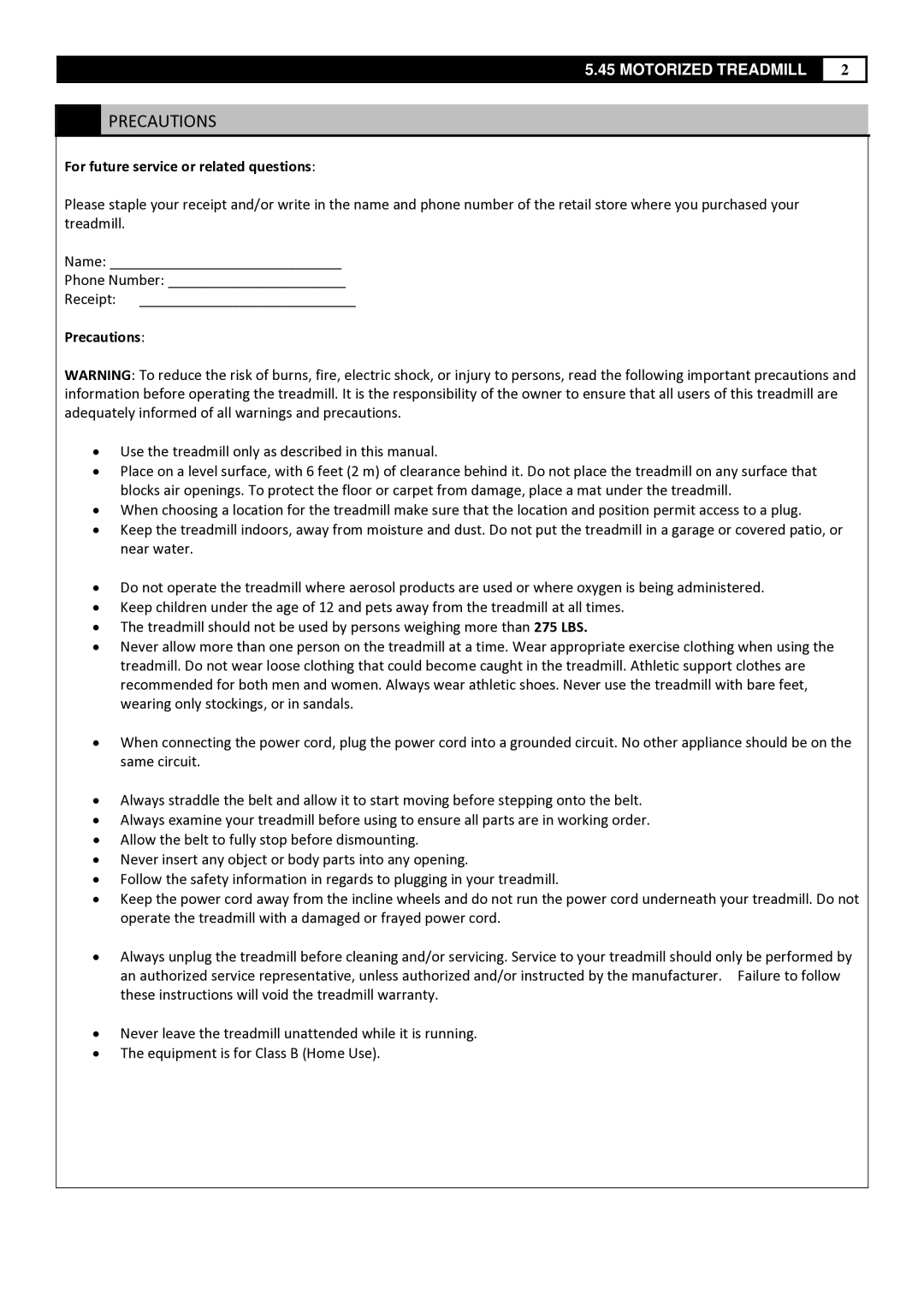 Smooth Fitness 5.45 manual Precautions, For future service or related questions 