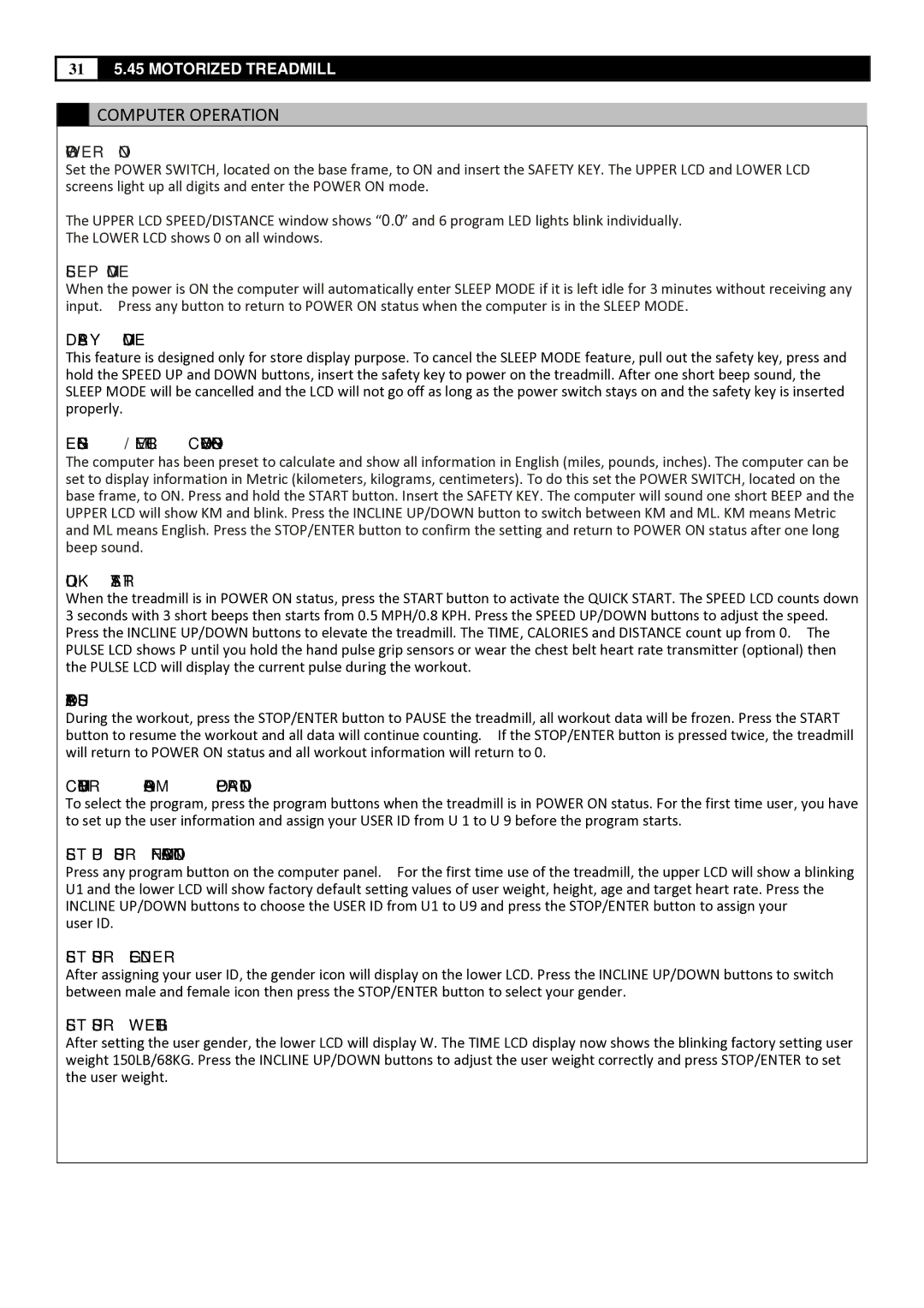 Smooth Fitness 5.45 manual Display Mode, English / Metric Conversion, Quick Start, Stop/Pause, Computer Program Operation 