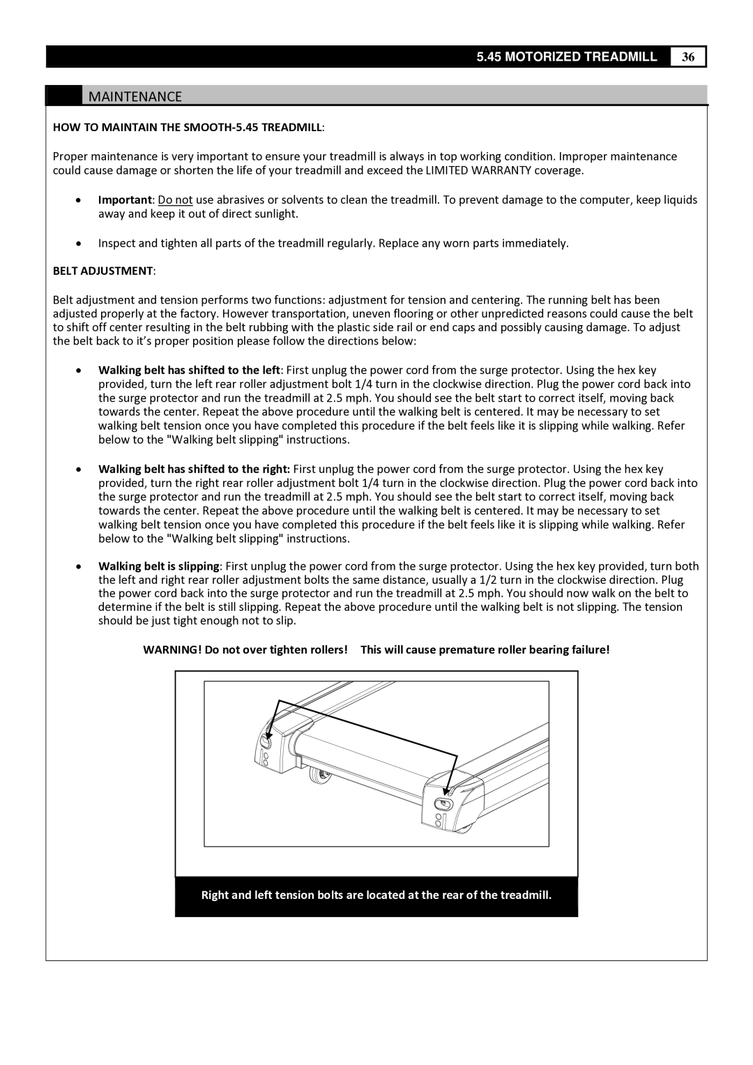 Smooth Fitness manual Maintenance, HOW to Maintain the SMOOTH‐5.45 Treadmill, Belt Adjustment 