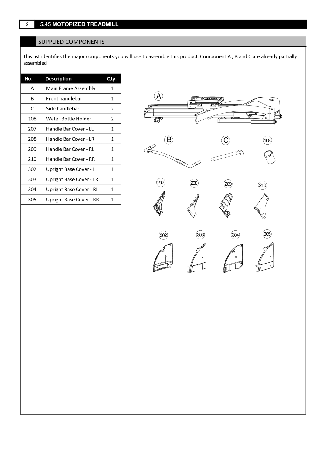 Smooth Fitness 5.45 manual Supplied Components, Description Qty 