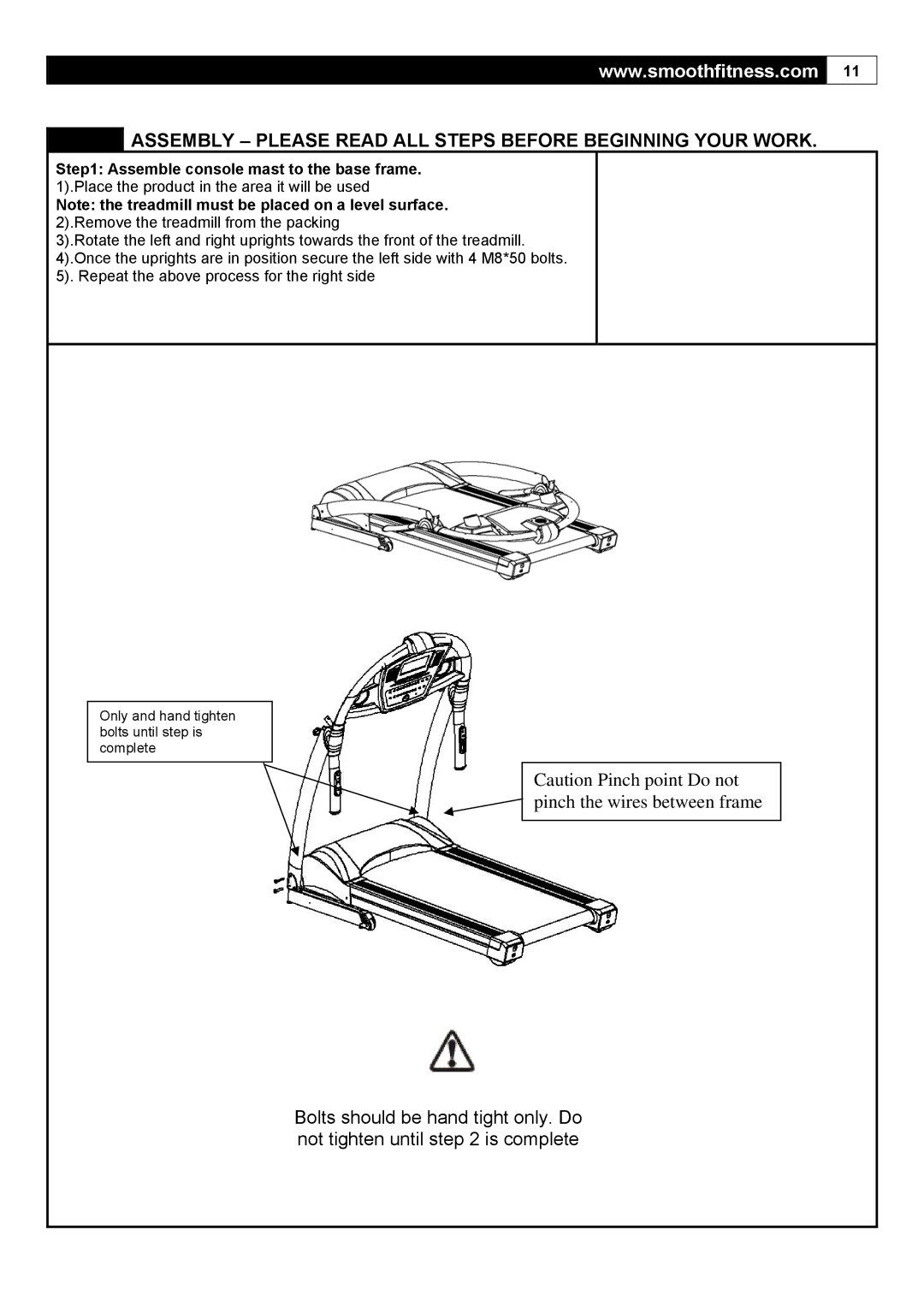 Smooth Fitness 5.65I Assembly Please Read ALL Steps Before Beginning Your Work, Assemble console mast to the base frame 