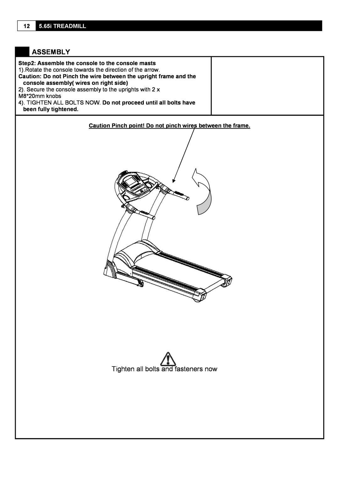 Smooth Fitness 5.65I user manual Assembly, Tighten all bolts and fasteners now, 12 5.65i TREADMILL 