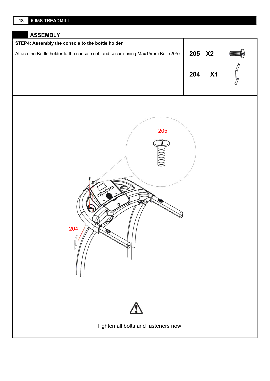 Smooth Fitness 5.65S user manual 205 204, Assembly the console to the bottle holder 