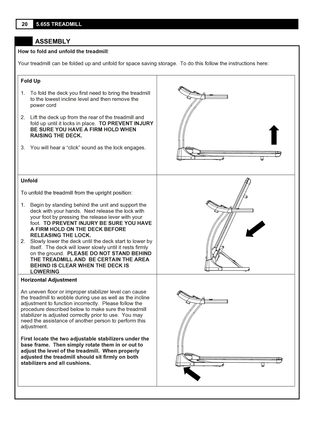 Smooth Fitness 5.65S user manual Fold Up, Unfold, Horizontal Adjustment 