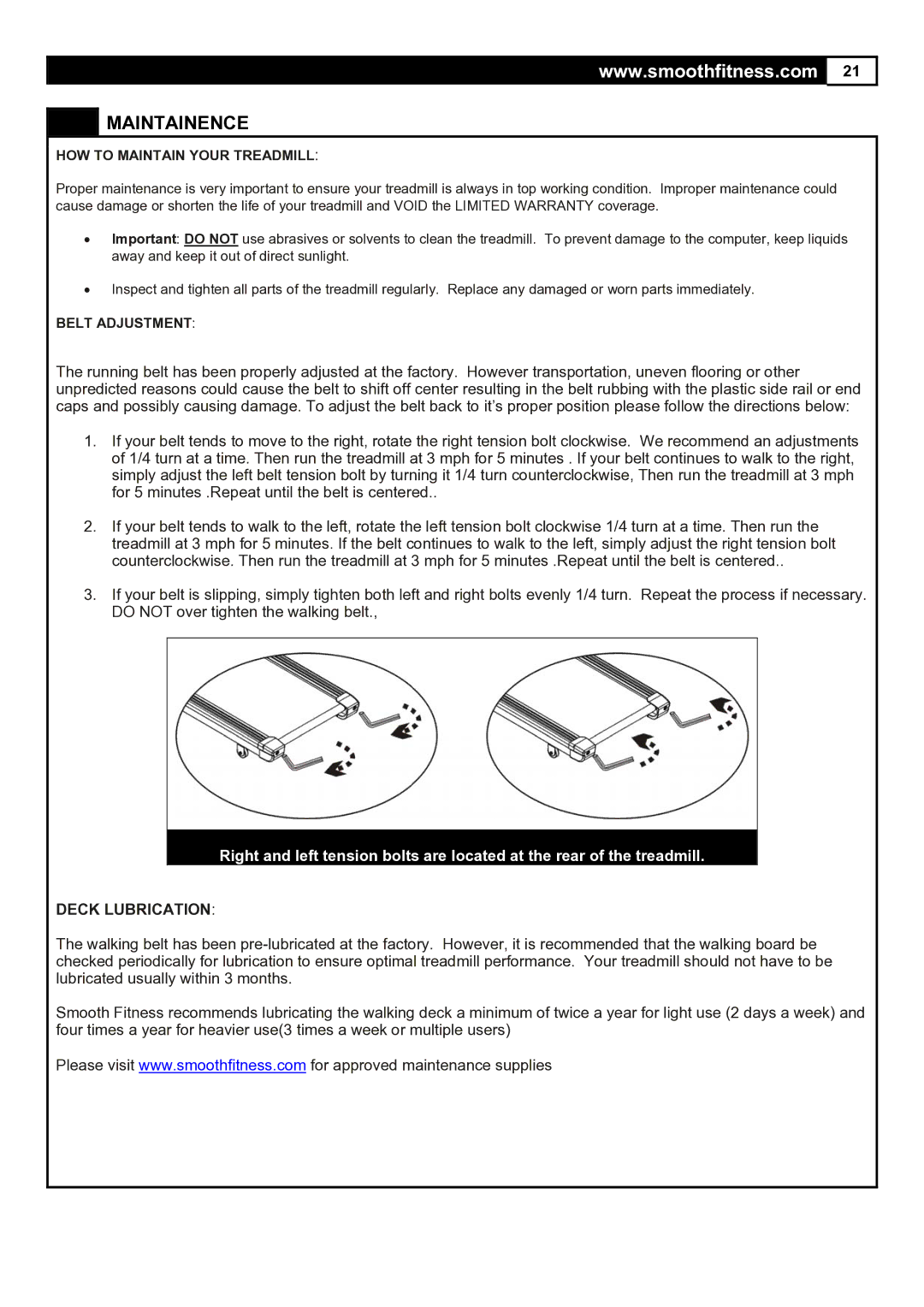 Smooth Fitness 5.65S user manual Maintainence, HOW to Maintain Your Treadmill 