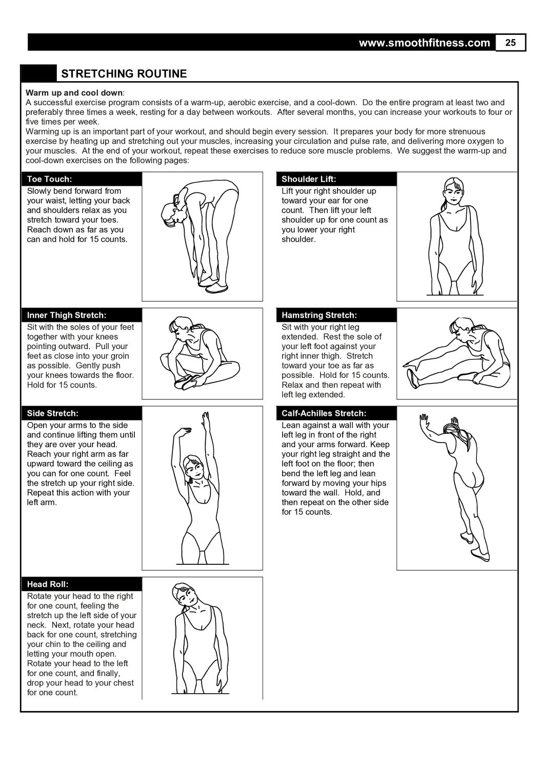 Smooth Fitness 5.65S user manual Stretching Routine, Warm up and cool down 