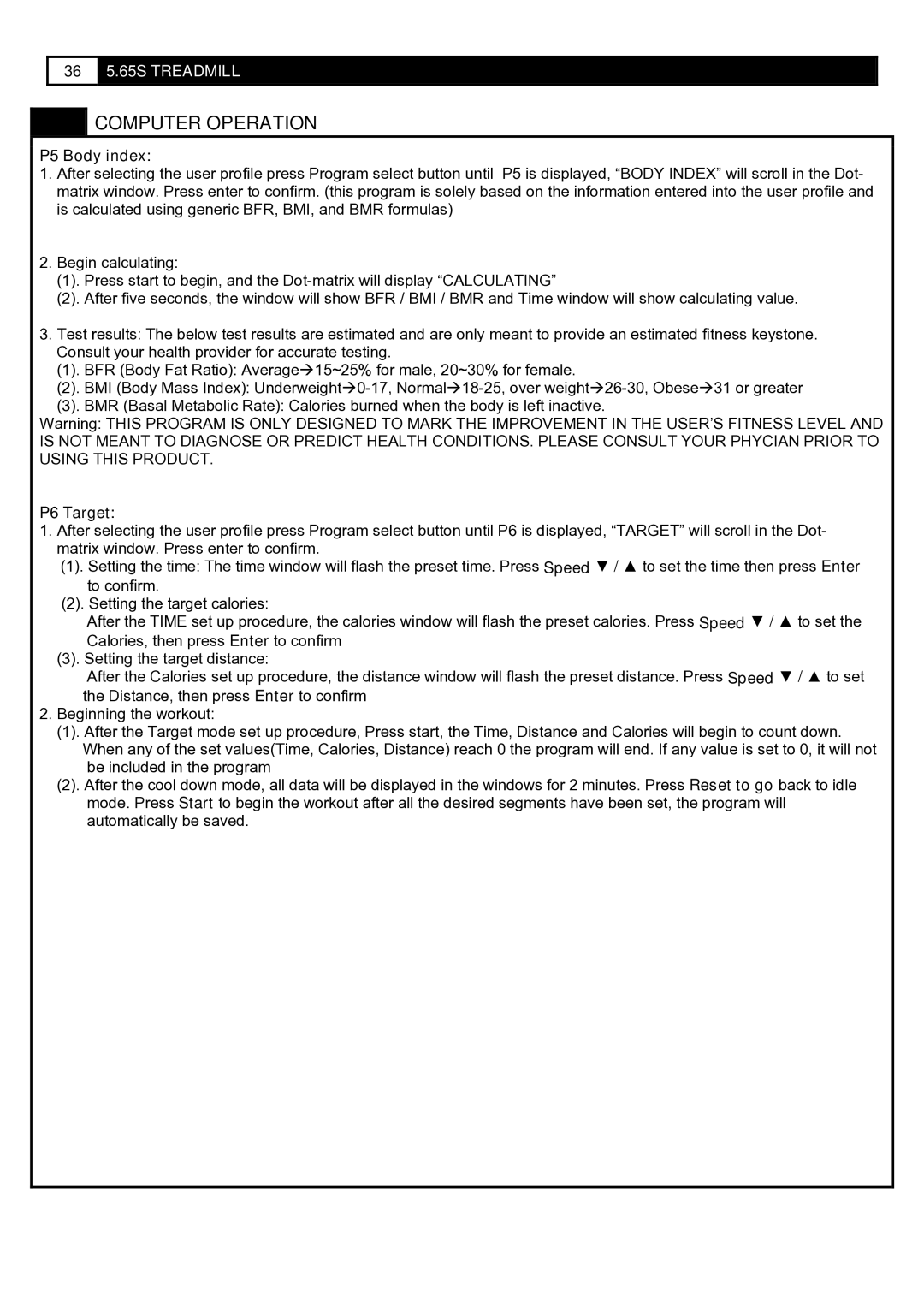 Smooth Fitness 5.65S user manual P5 Body index, P6 Target 