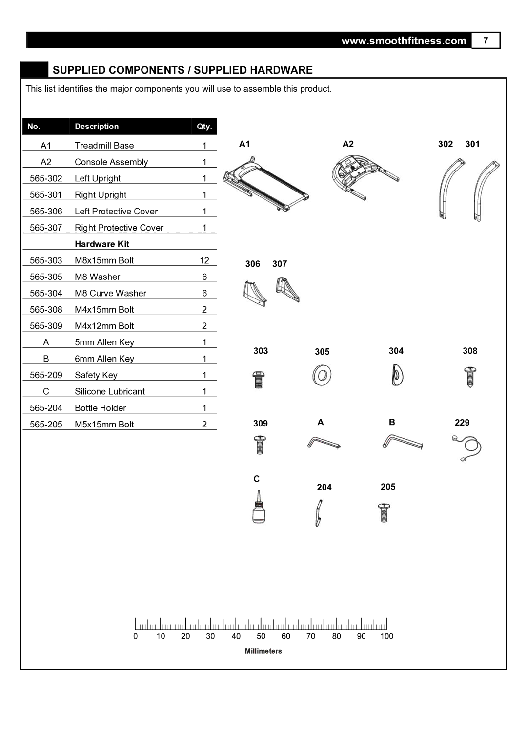 Smooth Fitness 5.65S user manual Supplied Components / Supplied Hardware 