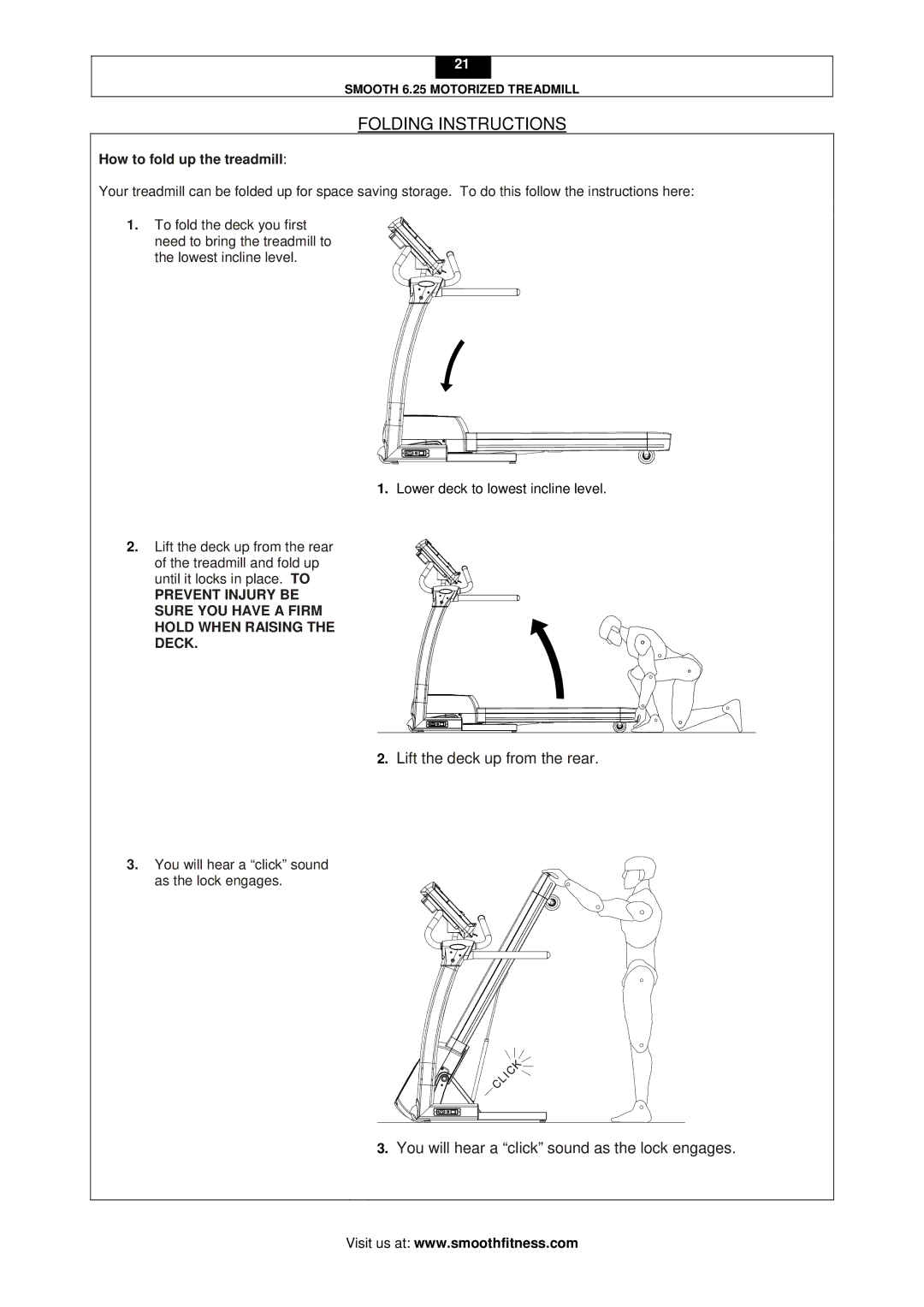 Smooth Fitness 6.25 user manual Folding Instructions, How to fold up the treadmill 