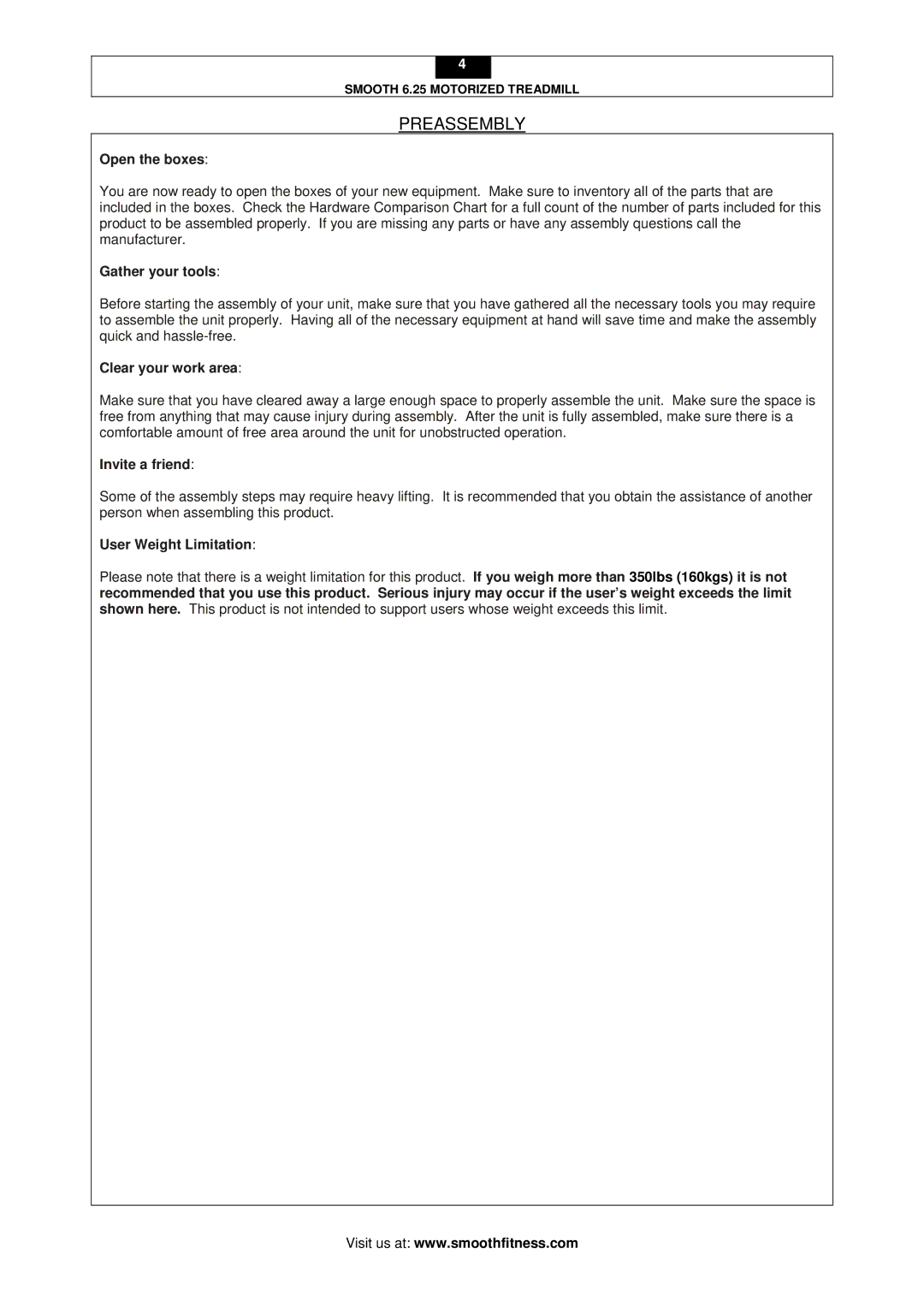 Smooth Fitness 6.25 user manual Preassembly 