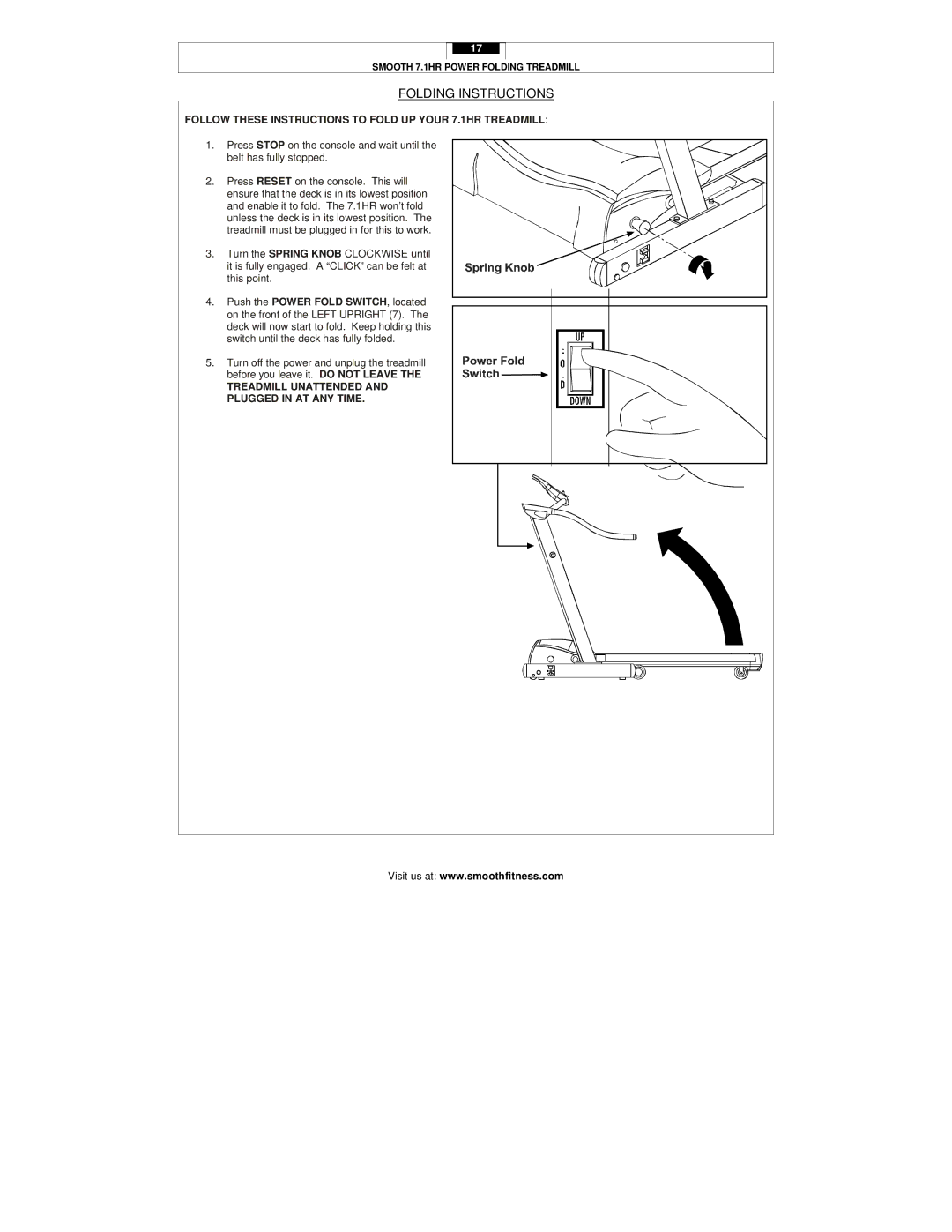 Smooth Fitness user manual Folding Instructions, Follow These Instructions to Fold UP Your 7.1HR Treadmill 