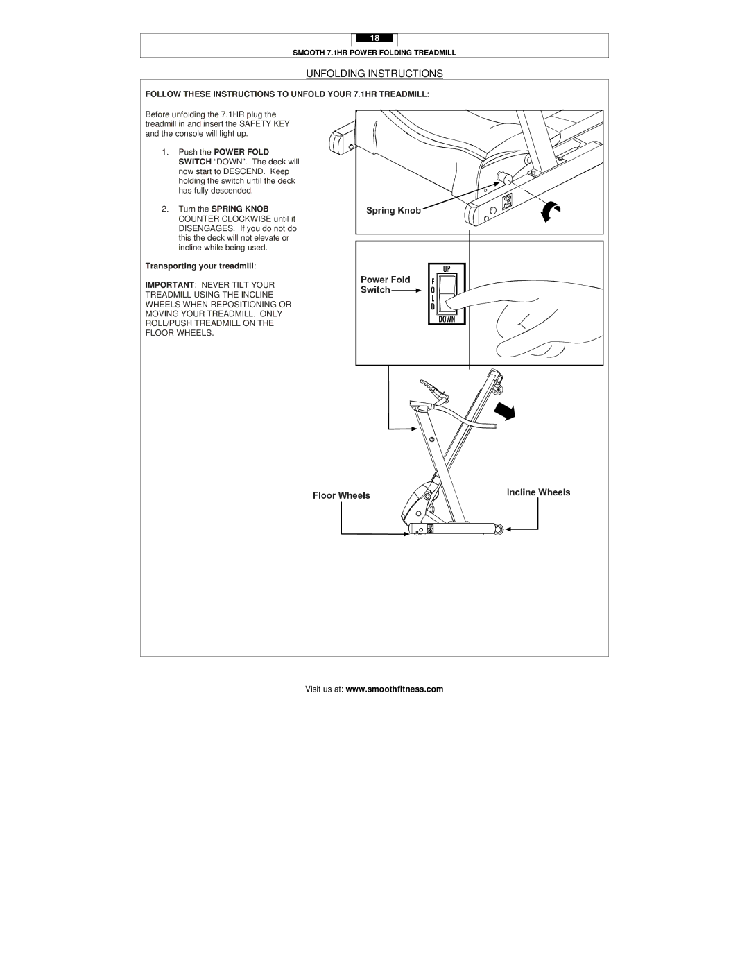 Smooth Fitness user manual Unfolding Instructions, Follow These Instructions to Unfold Your 7.1HR Treadmill 