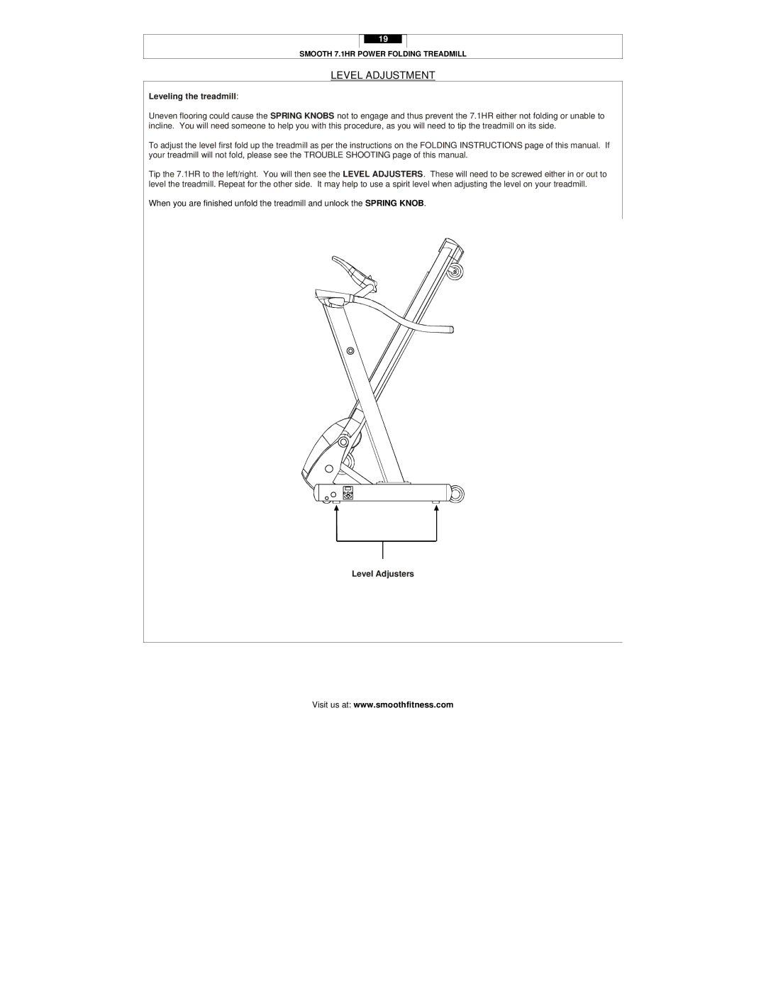 Smooth Fitness 7.1HR user manual Level Adjustment, Leveling the treadmill, Level Adjusters 