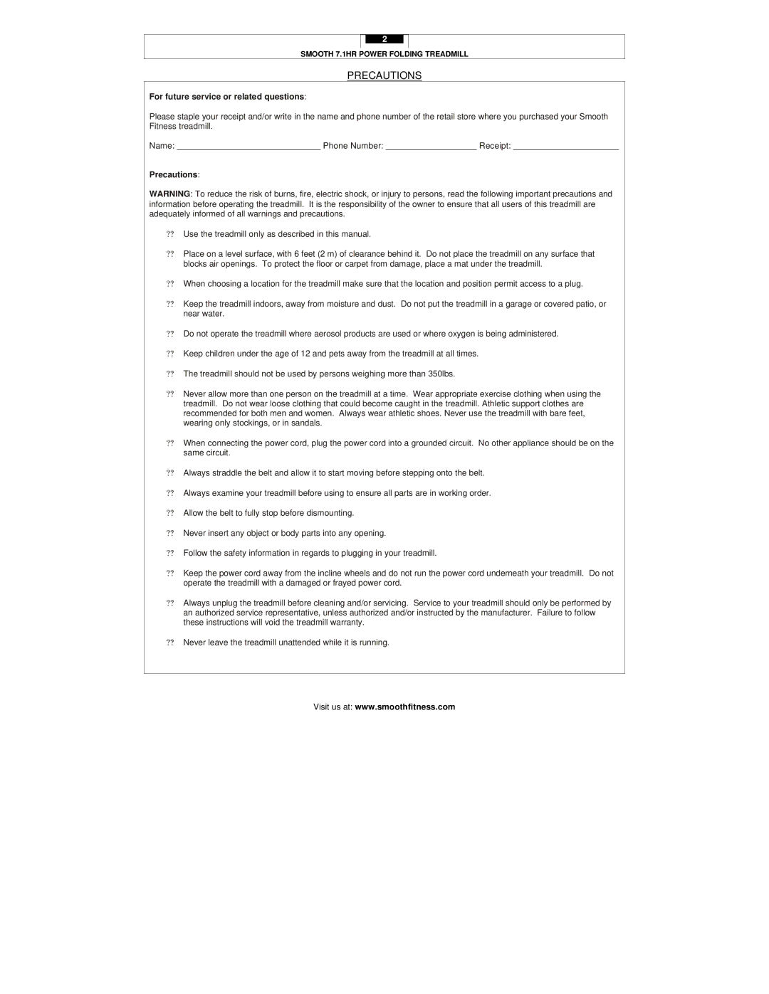 Smooth Fitness 7.1HR user manual Precautions, For future service or related questions 