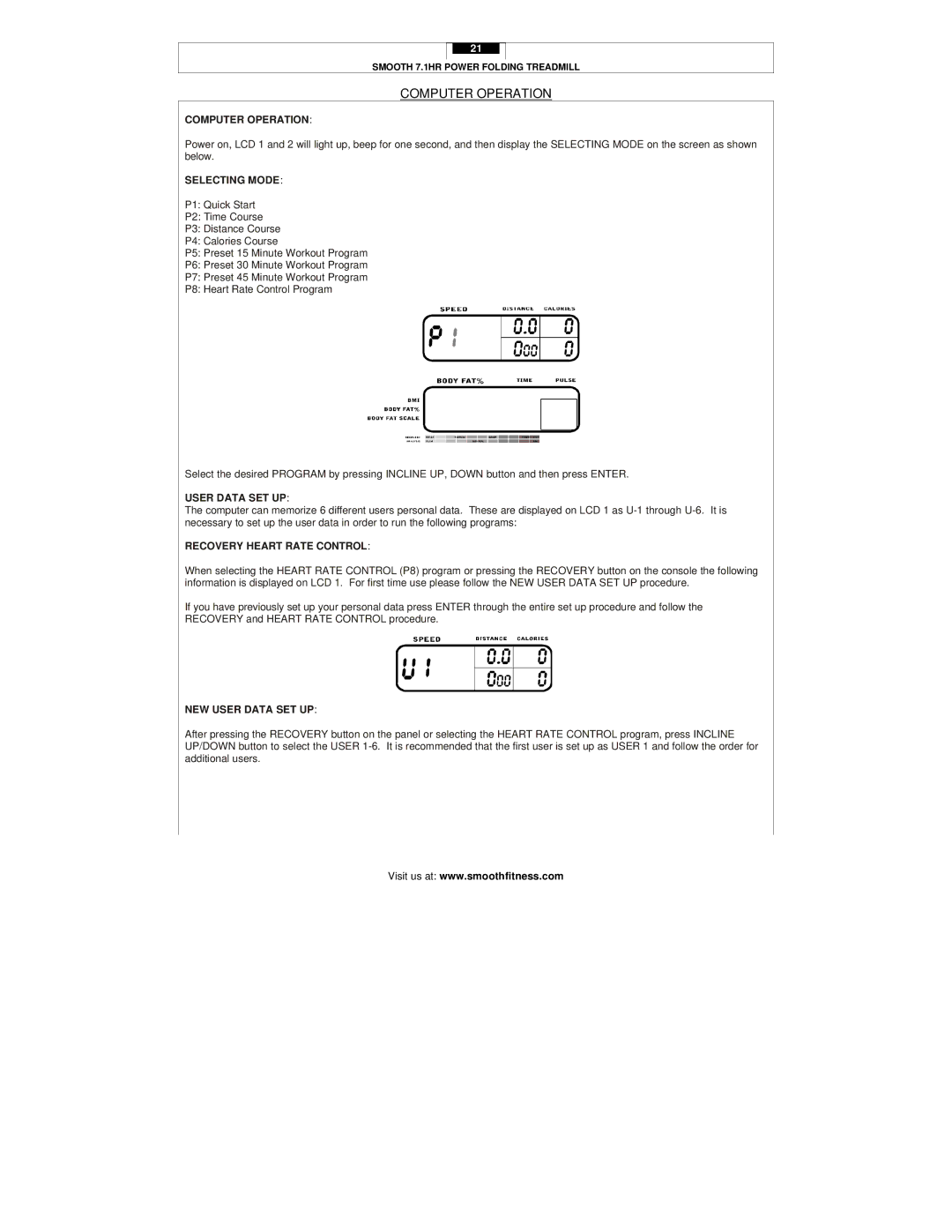 Smooth Fitness 7.1HR user manual Computer Operation, Selecting Mode, User Data SET UP, Recovery Heart Rate Control 