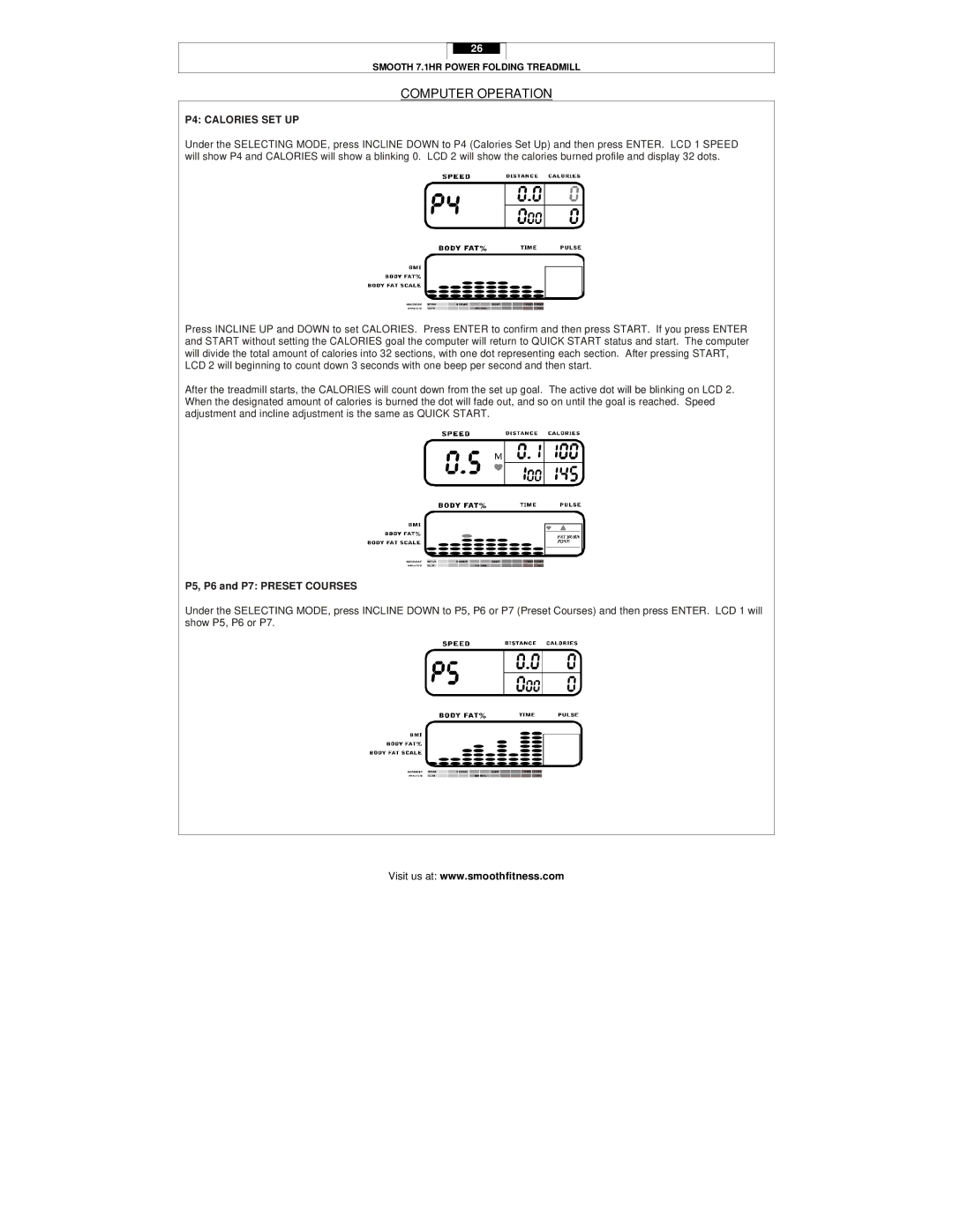 Smooth Fitness 7.1HR user manual P4 Calories SET UP, P5, P6 and P7 Preset Courses 