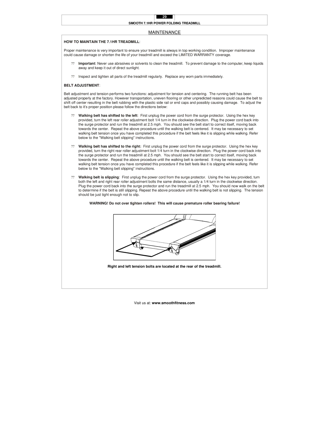 Smooth Fitness user manual Maintenance, HOW to Maintain the 7.1HR Treadmill, Belt Adjustment 