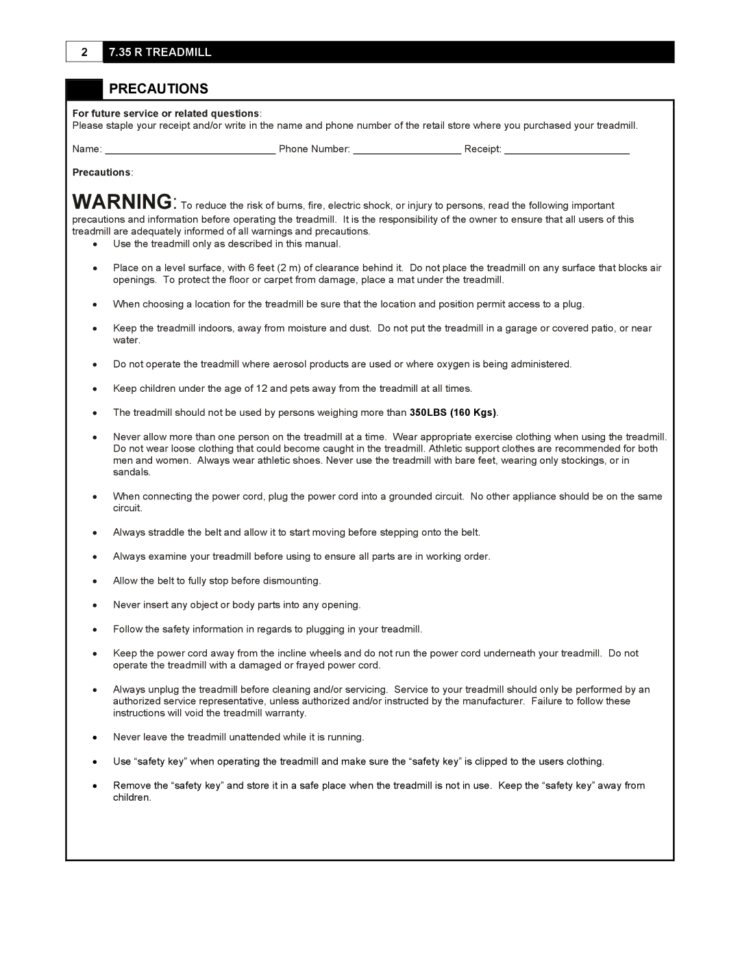 Smooth Fitness 7.35 R user manual Precautions, For future service or related questions 