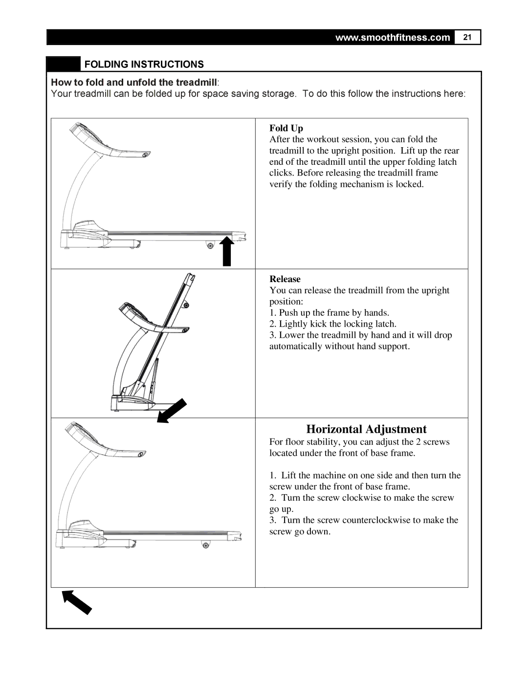 Smooth Fitness 7.35 R user manual Folding Instructions, How to fold and unfold the treadmill 