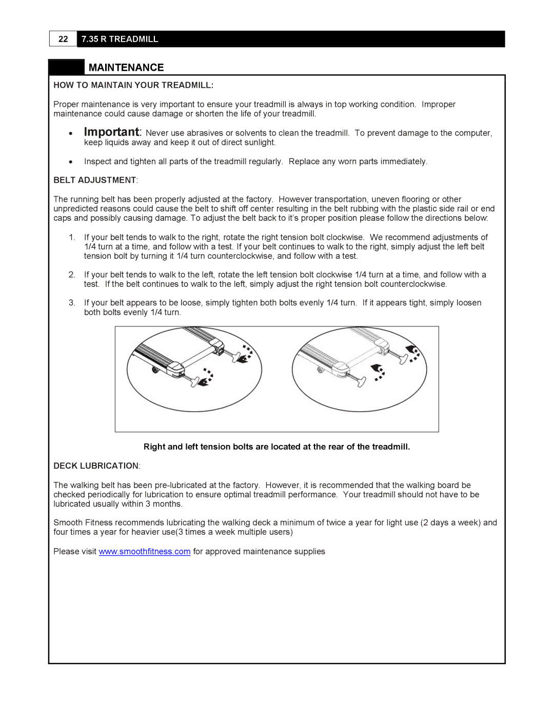 Smooth Fitness 7.35 R user manual Maintenance, HOW to Maintain Your Treadmill 