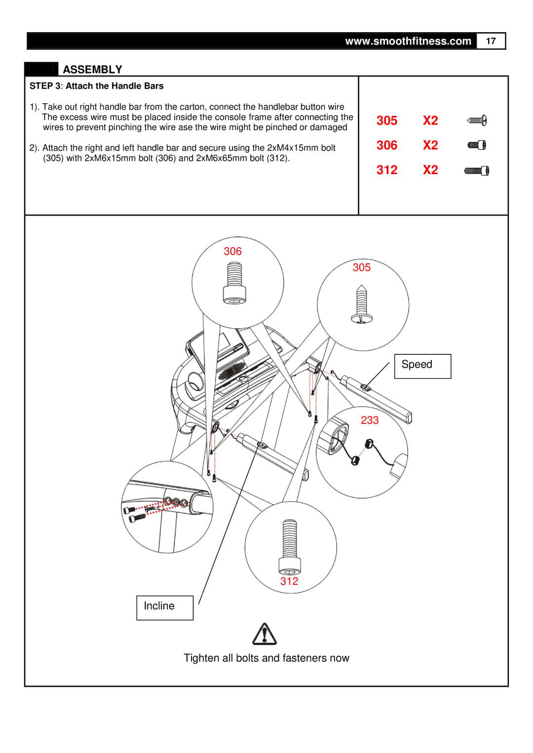 Smooth Fitness 735 user manual Assembly, Attach the Handle Bars 