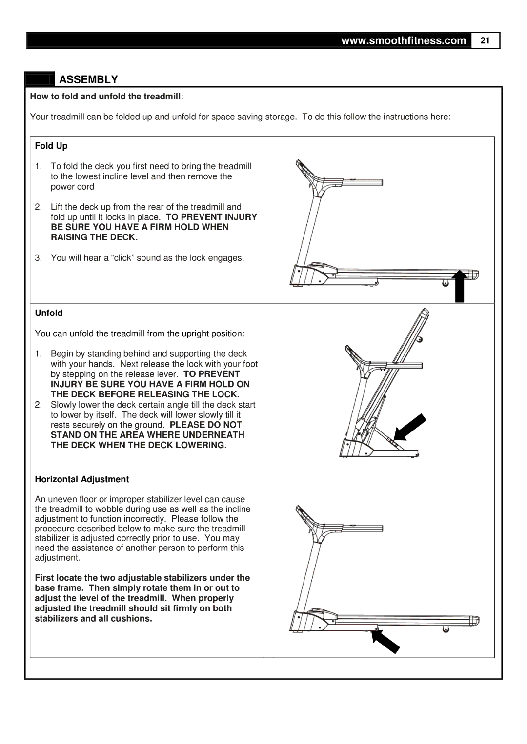 Smooth Fitness 735 user manual Fold Up, Unfold, Horizontal Adjustment 