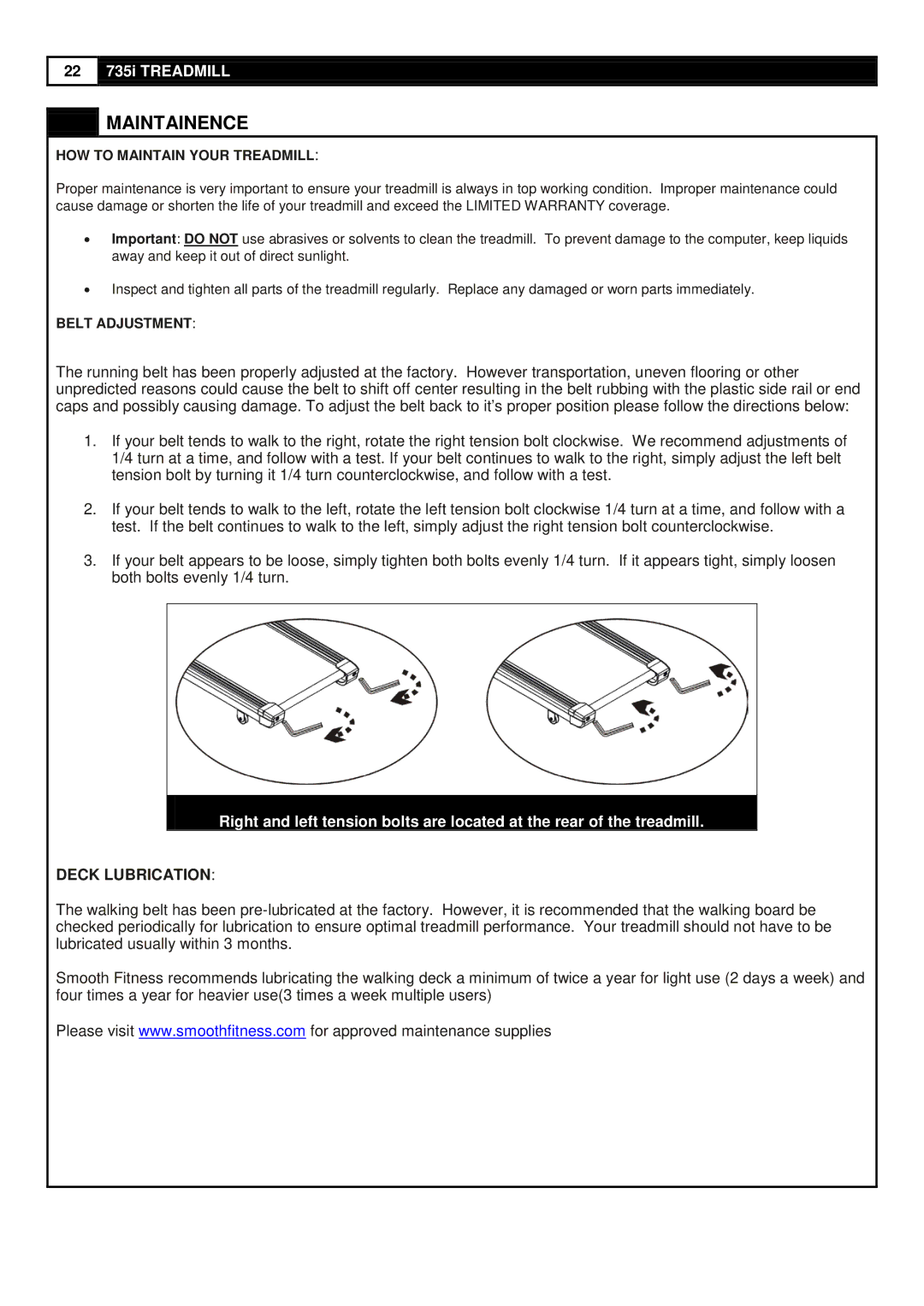 Smooth Fitness 735 user manual Maintainence, HOW to Maintain Your Treadmill 