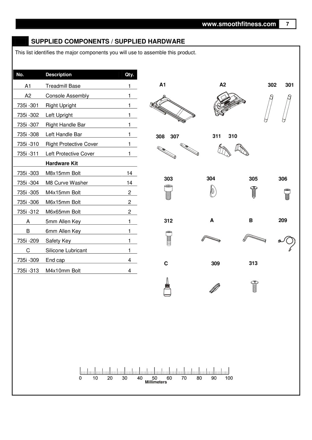 Smooth Fitness 735 user manual Supplied Components / Supplied Hardware, Hardware Kit 