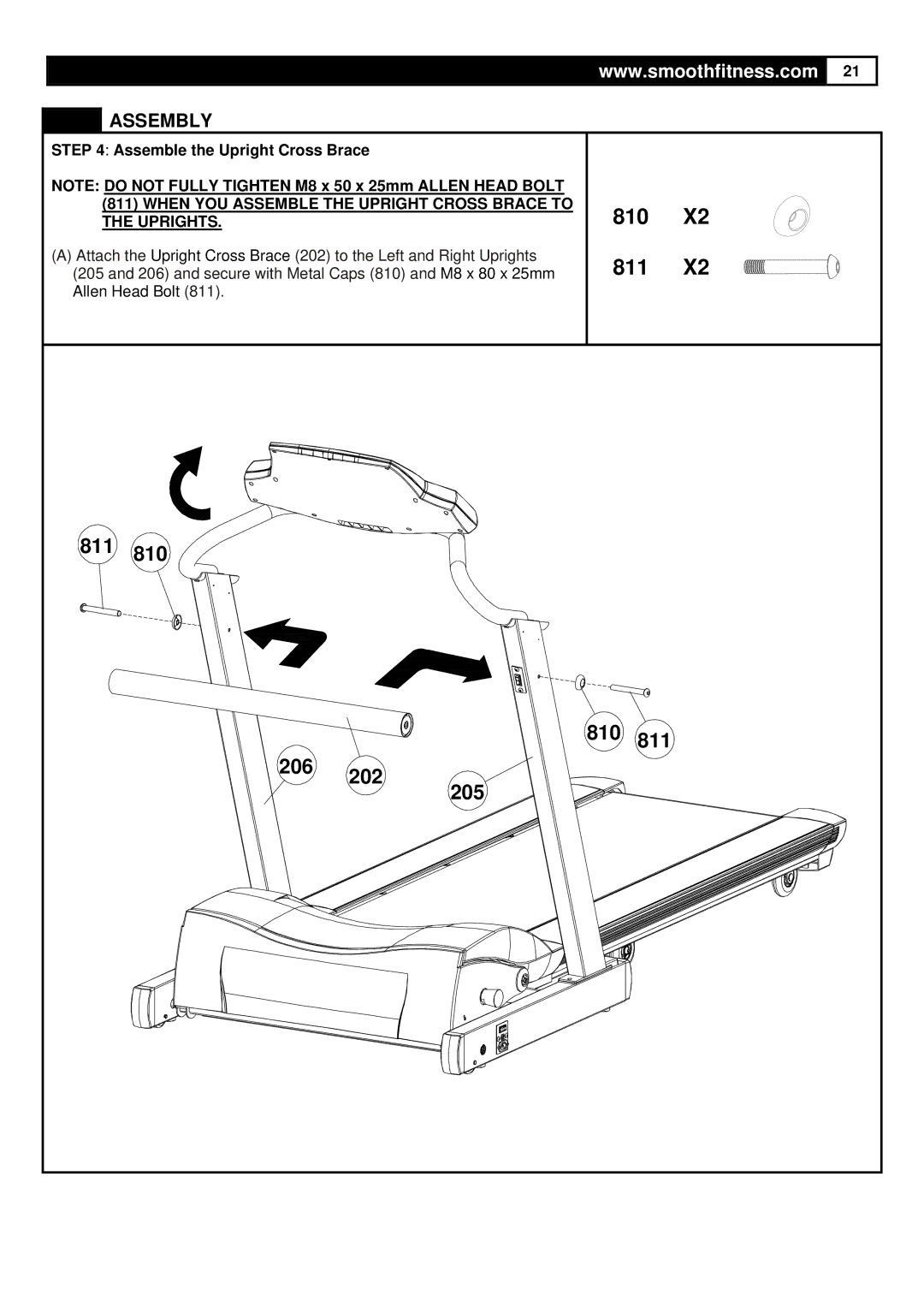 Smooth Fitness 7.6HR PRO user manual 810 811, Assemble the Upright Cross Brace 