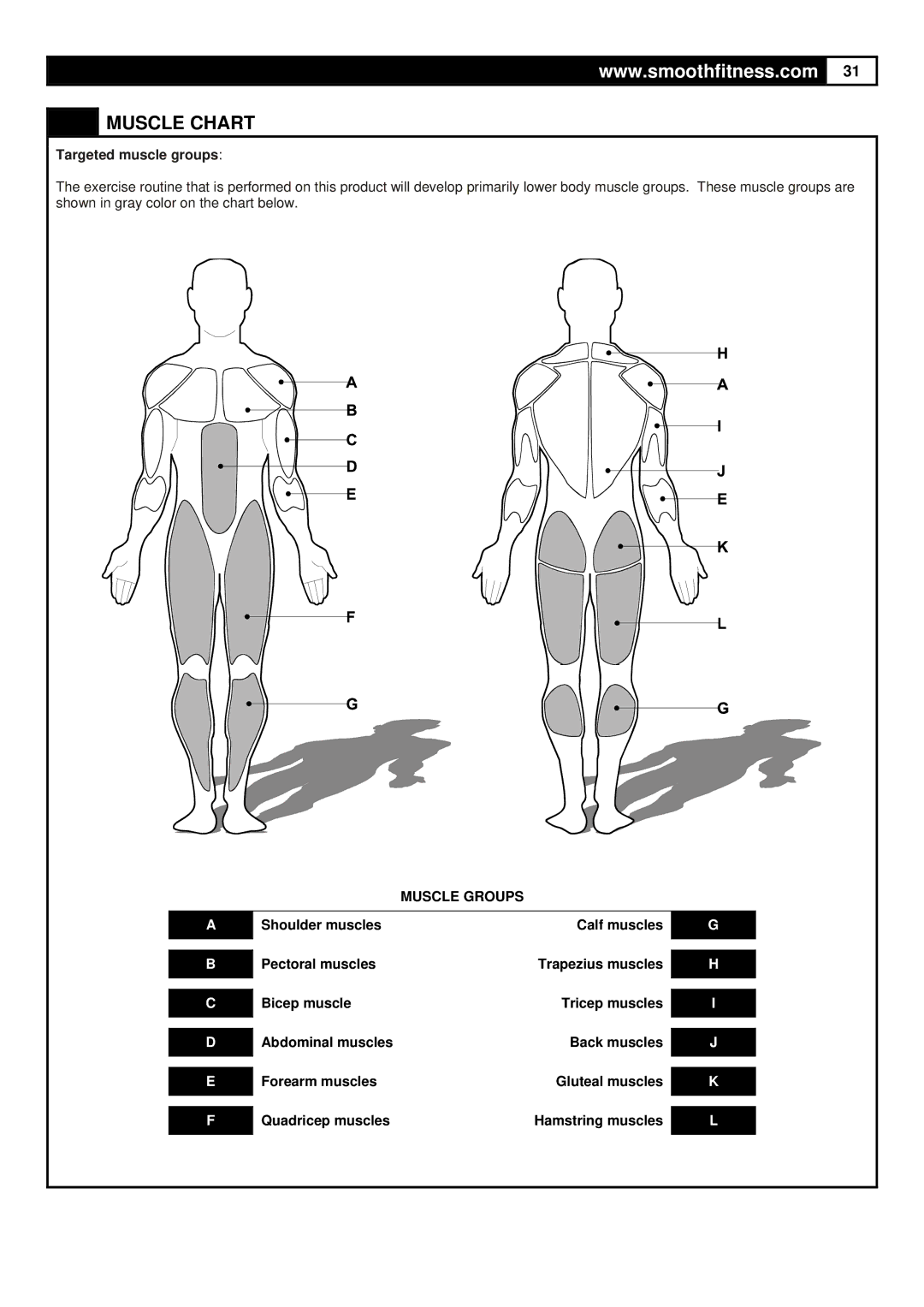 Smooth Fitness 7.6HR PRO user manual Muscle Chart, Targeted muscle groups 