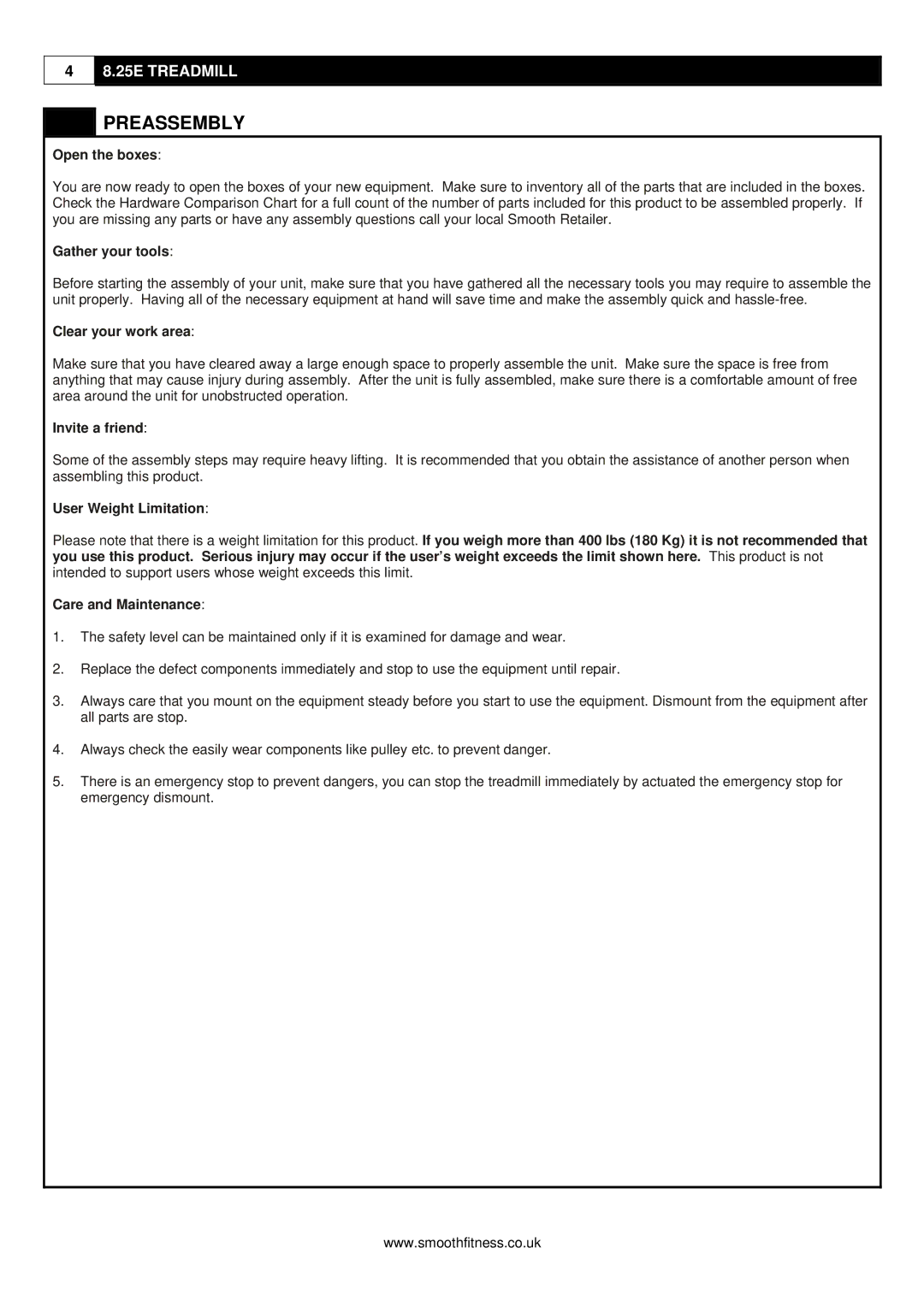 Smooth Fitness 8.25E user manual Preassembly 