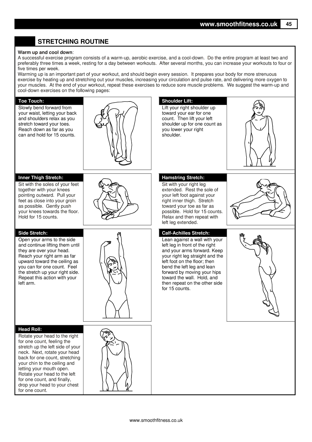 Smooth Fitness 8.25E user manual Stretching Routine, Warm up and cool down 