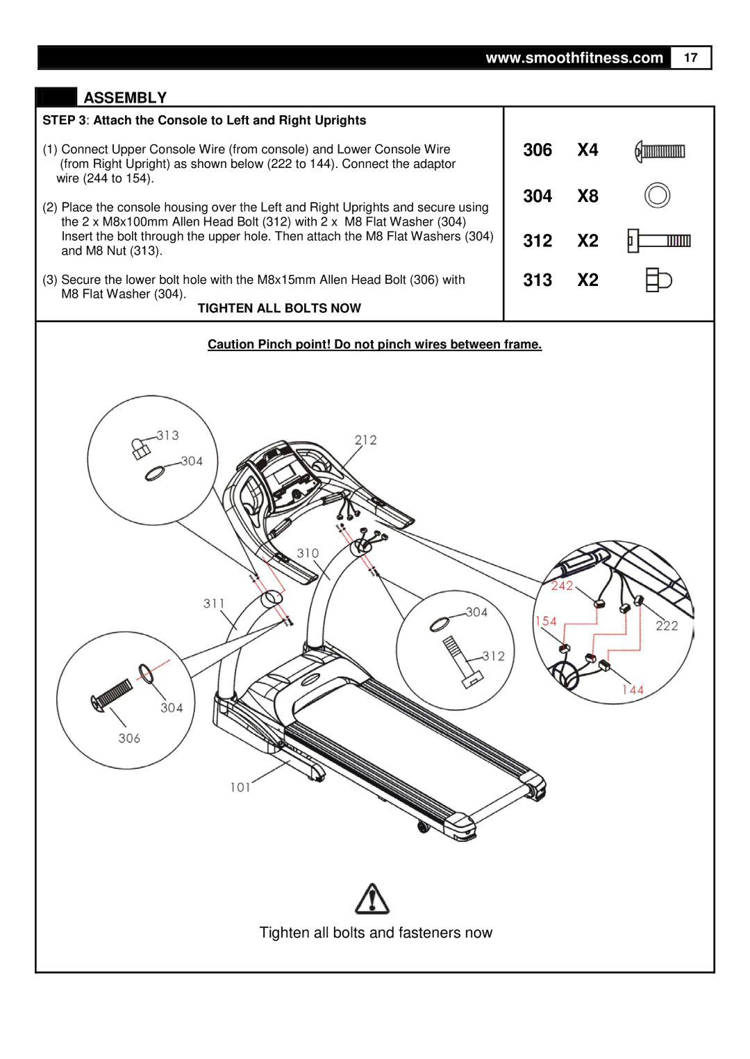 Smooth Fitness 835 user manual 313, Attach the Console to Left and Right Uprights 