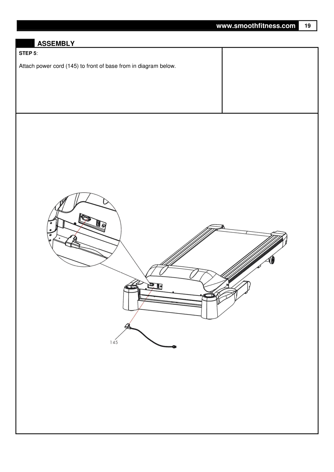 Smooth Fitness 835 user manual Attach power cord 145 to front of base from in diagram below 