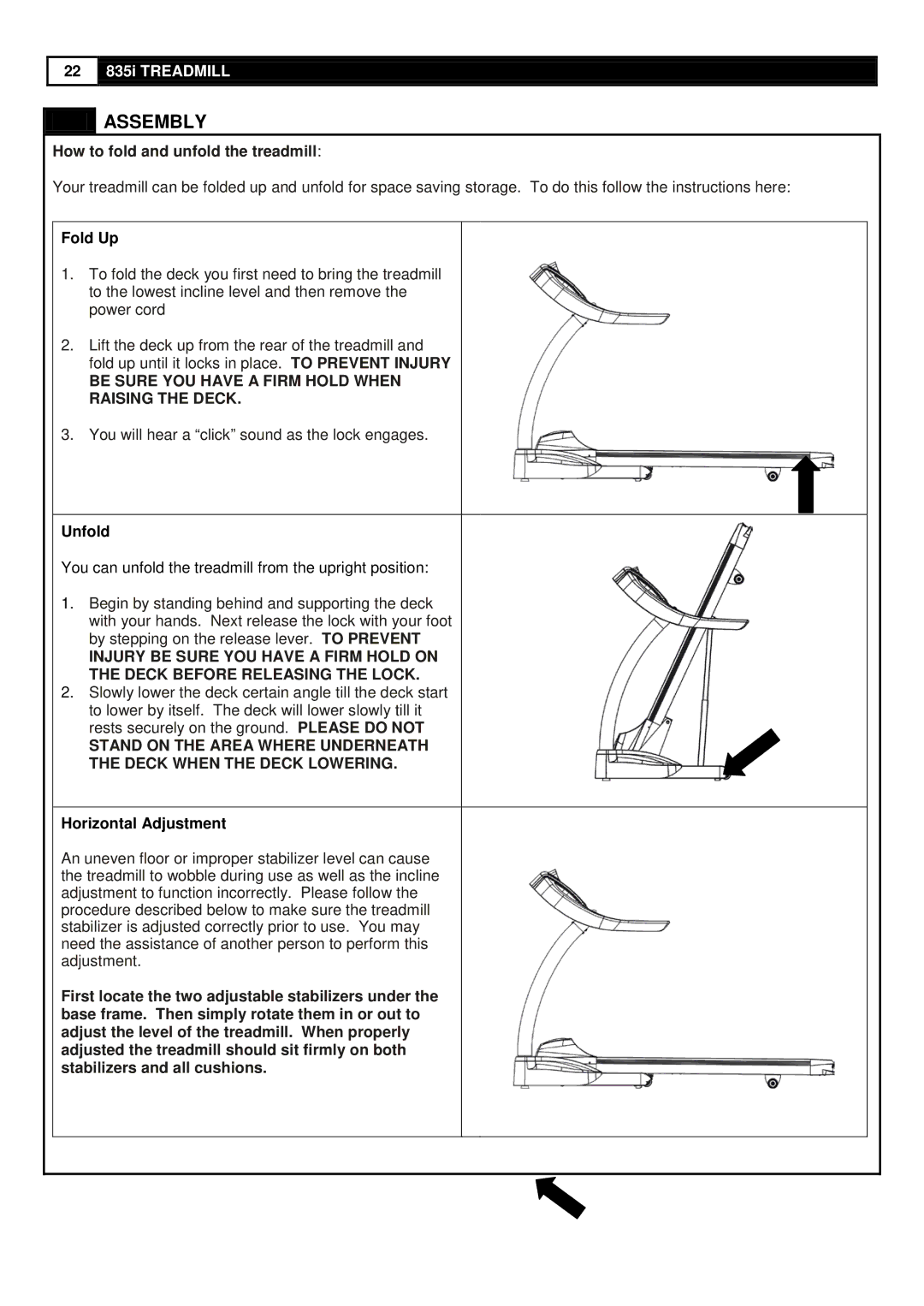 Smooth Fitness 835 user manual Fold Up, Unfold, Horizontal Adjustment 