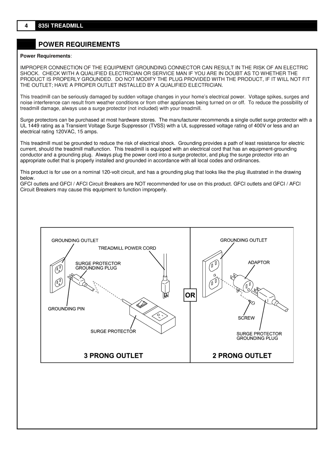 Smooth Fitness 835 user manual Power Requirements 