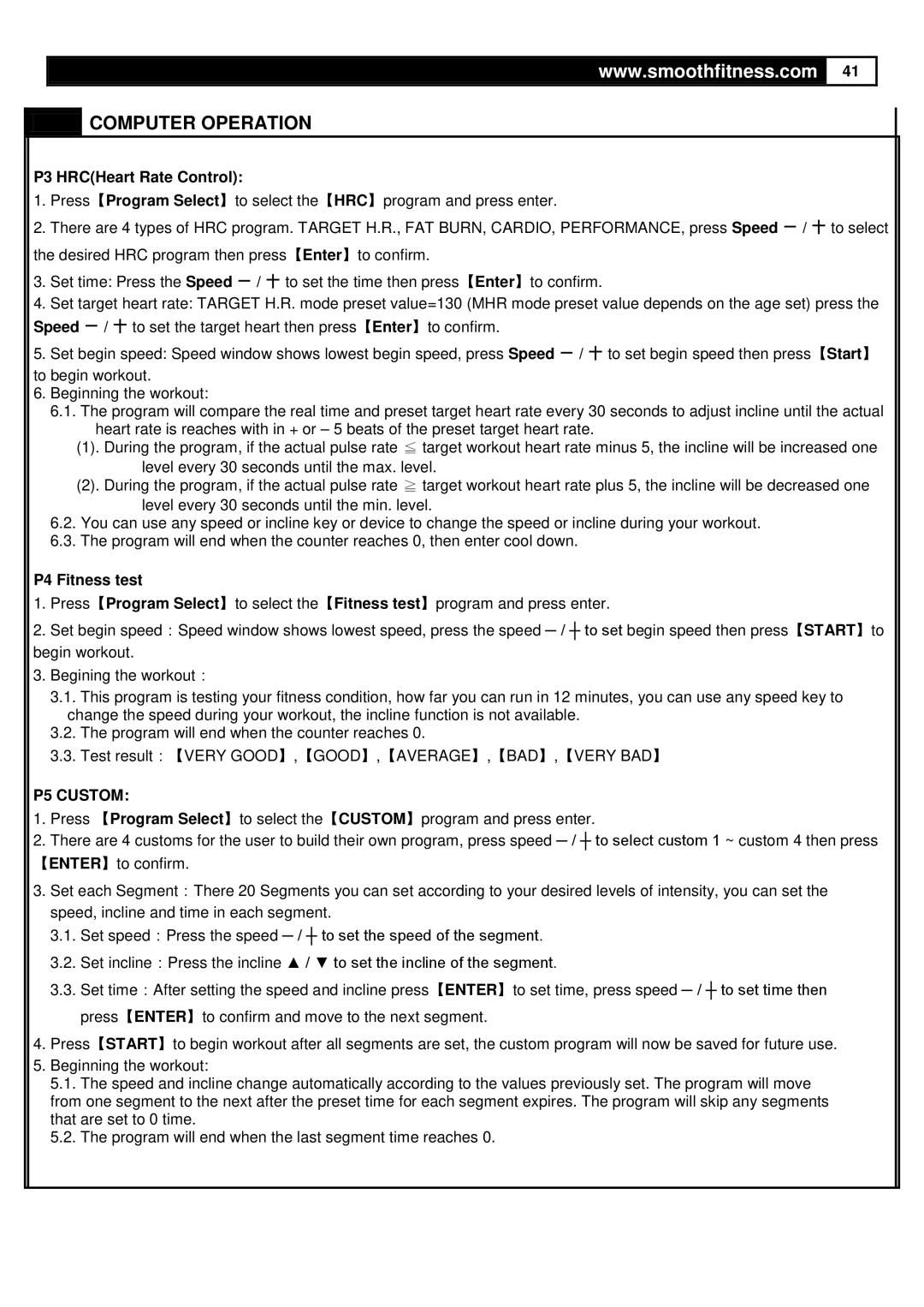 Smooth Fitness 835 user manual P3 HRCHeart Rate Control, P4 Fitness test 